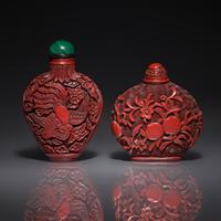 Two Chinese Cinnabar Lacquer Snuff Bottles, 18th Century — 清中期 剔紅鼻烟壺兩支