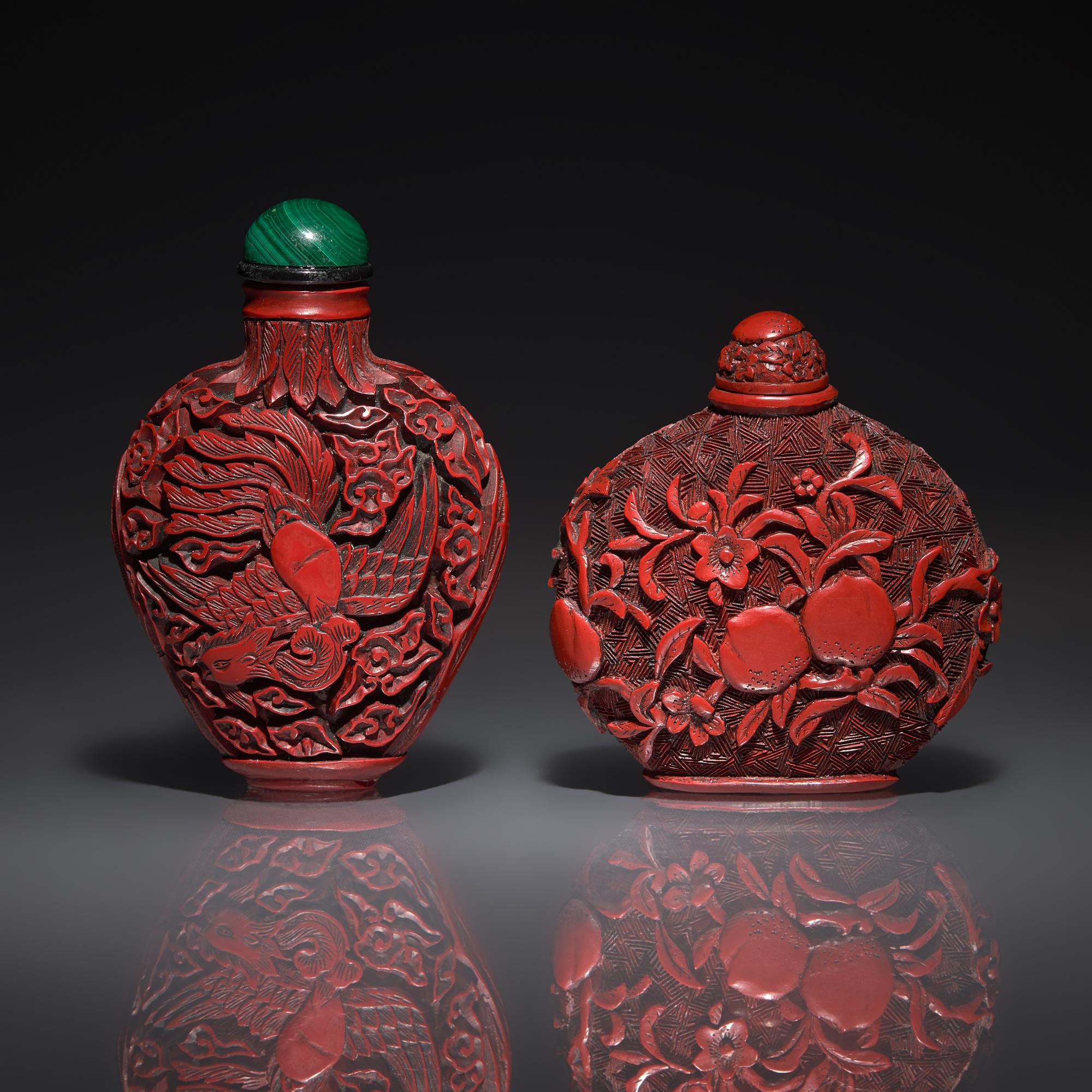 Two Chinese Cinnabar Lacquer Snuff Bottles, 18th Century — 清中期 剔紅鼻烟壺兩支