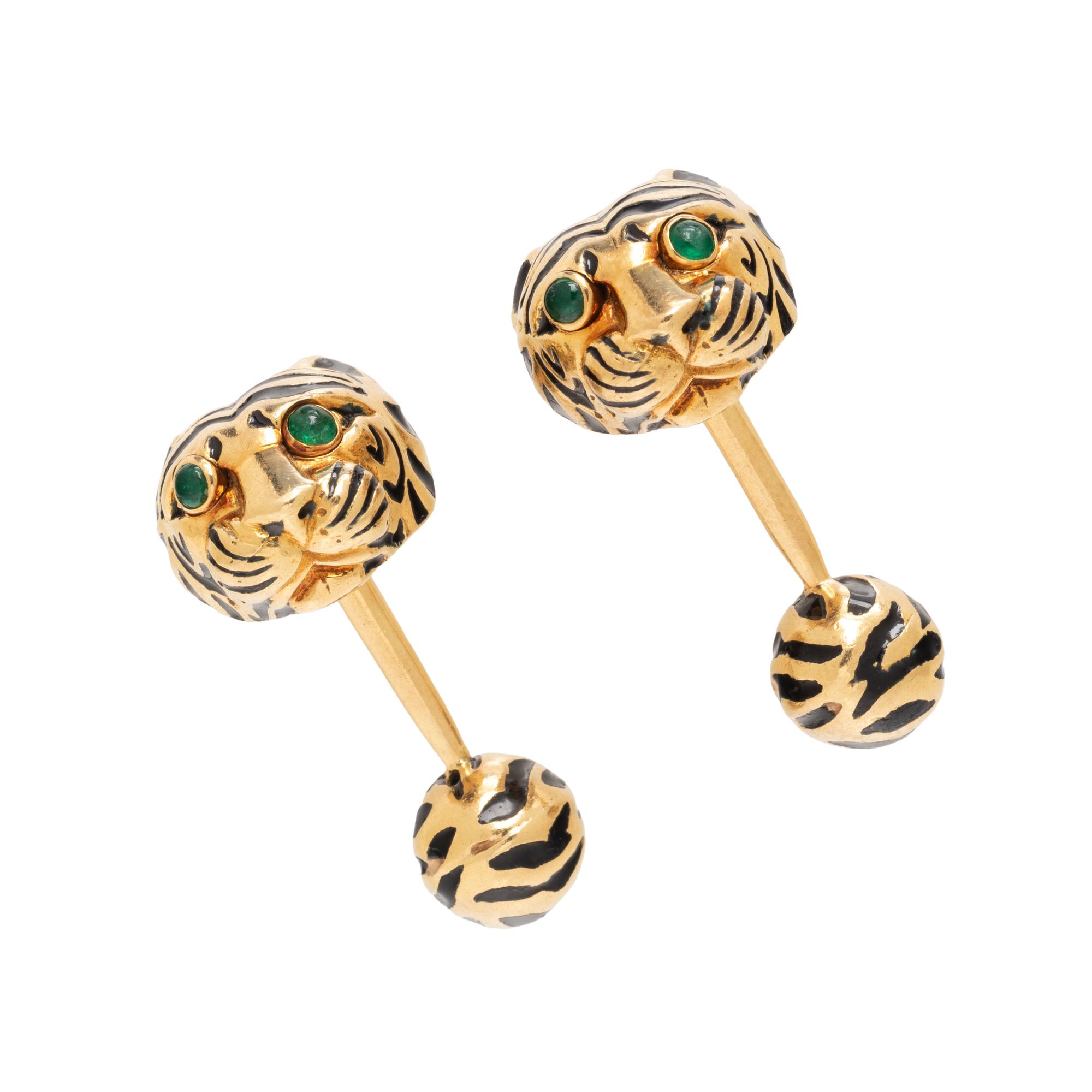 DAVID WEBB, YELLOW GOLD, ENAMEL AND EMERALD TIGER CUFFLINKS