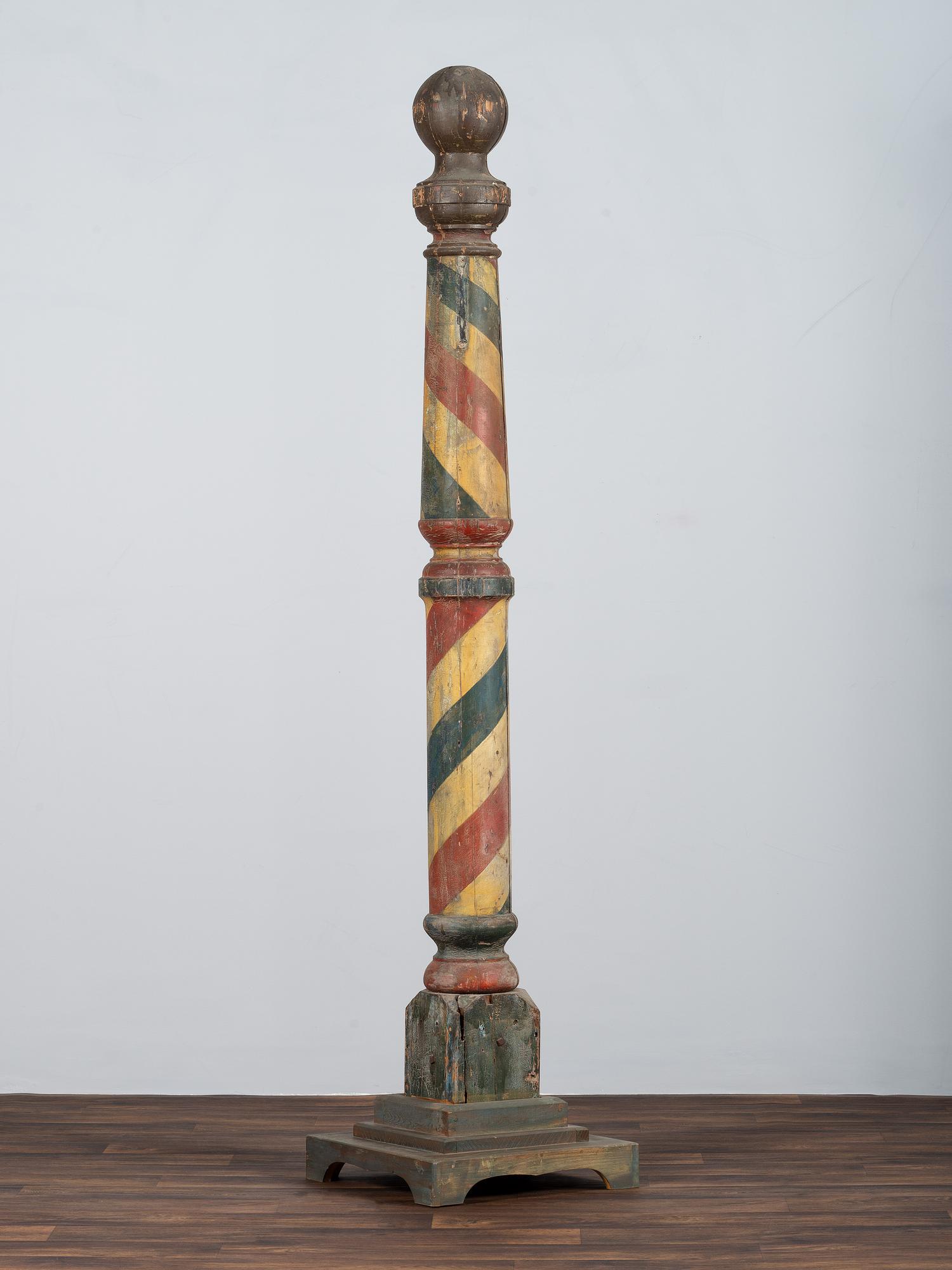 A Turned and Paint Decorated Wood Barber Pole