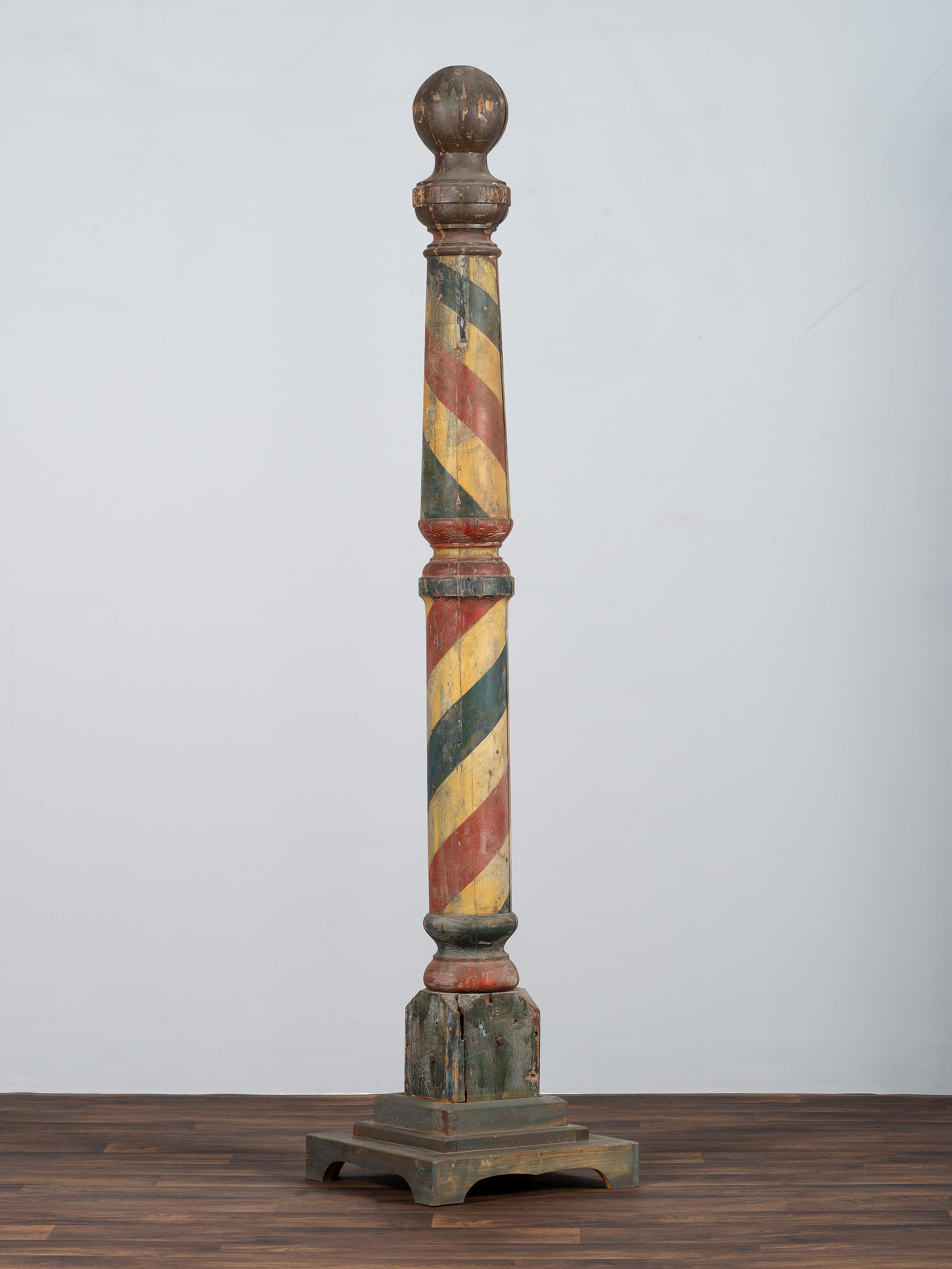 A Turned and Paint Decorated Wood Barber Pole