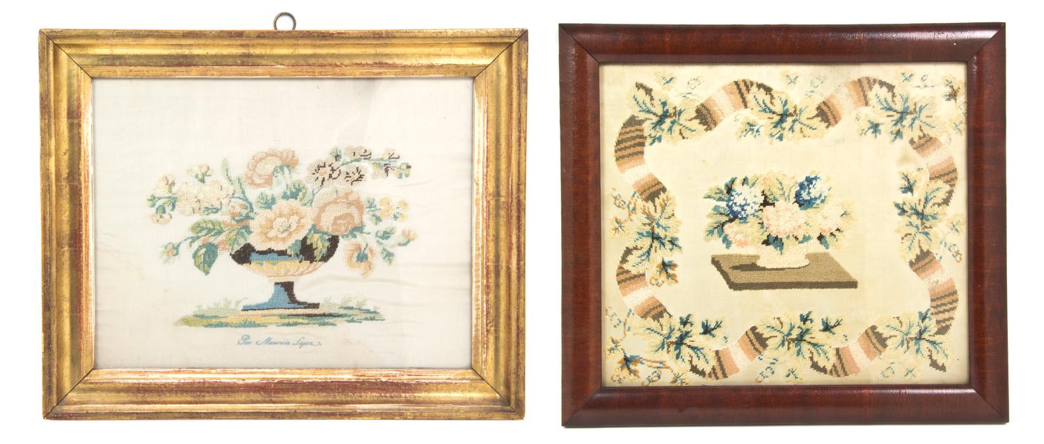 Two French Needlework Panels, Width of wider overall 15 3/8 inches.
