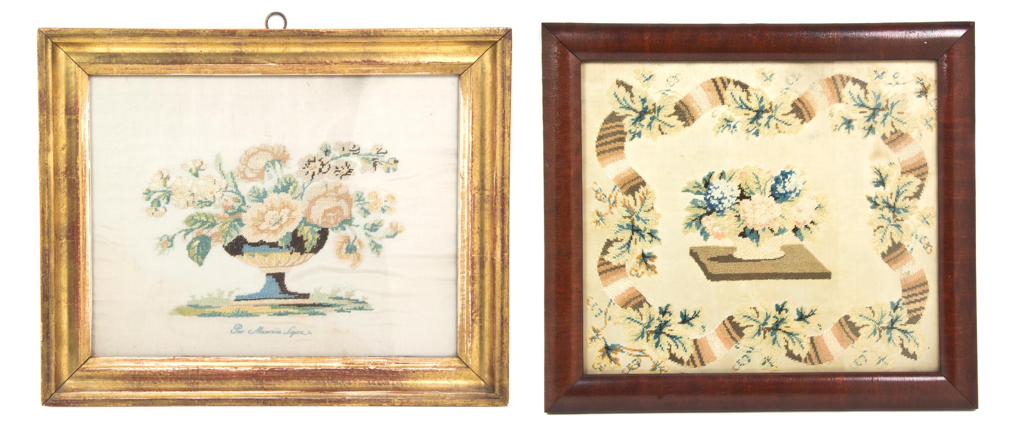Two French Needlework Panels, Width of wider overall 15 3/8 inches.