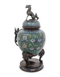 A Japanese Champlevé Enamel Tripod Incense Burner and Cover