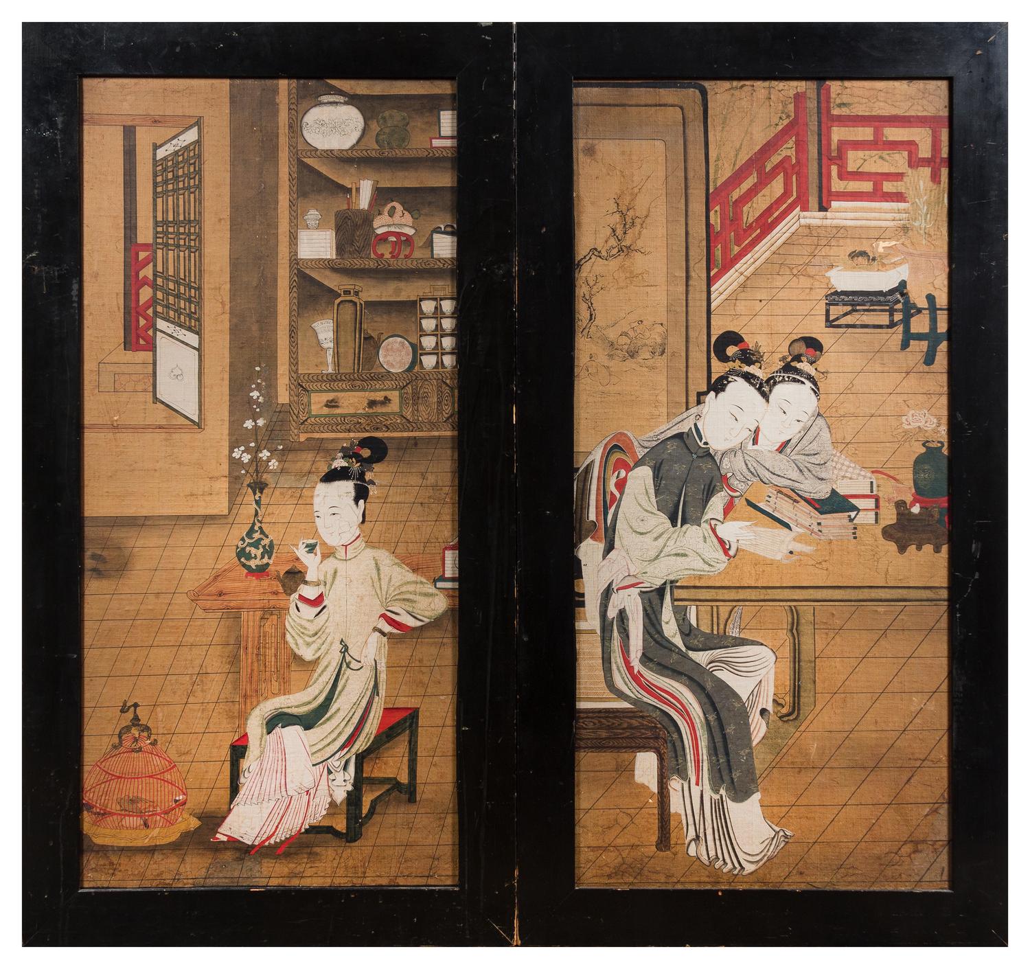 A Two-Panel Painted Wood Floor Screen Height 48 x width of each panel 25 1/2 inches.