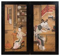 A Two-Panel Painted Wood Floor Screen Height 48 x width of each panel 25 1/2 inches.
