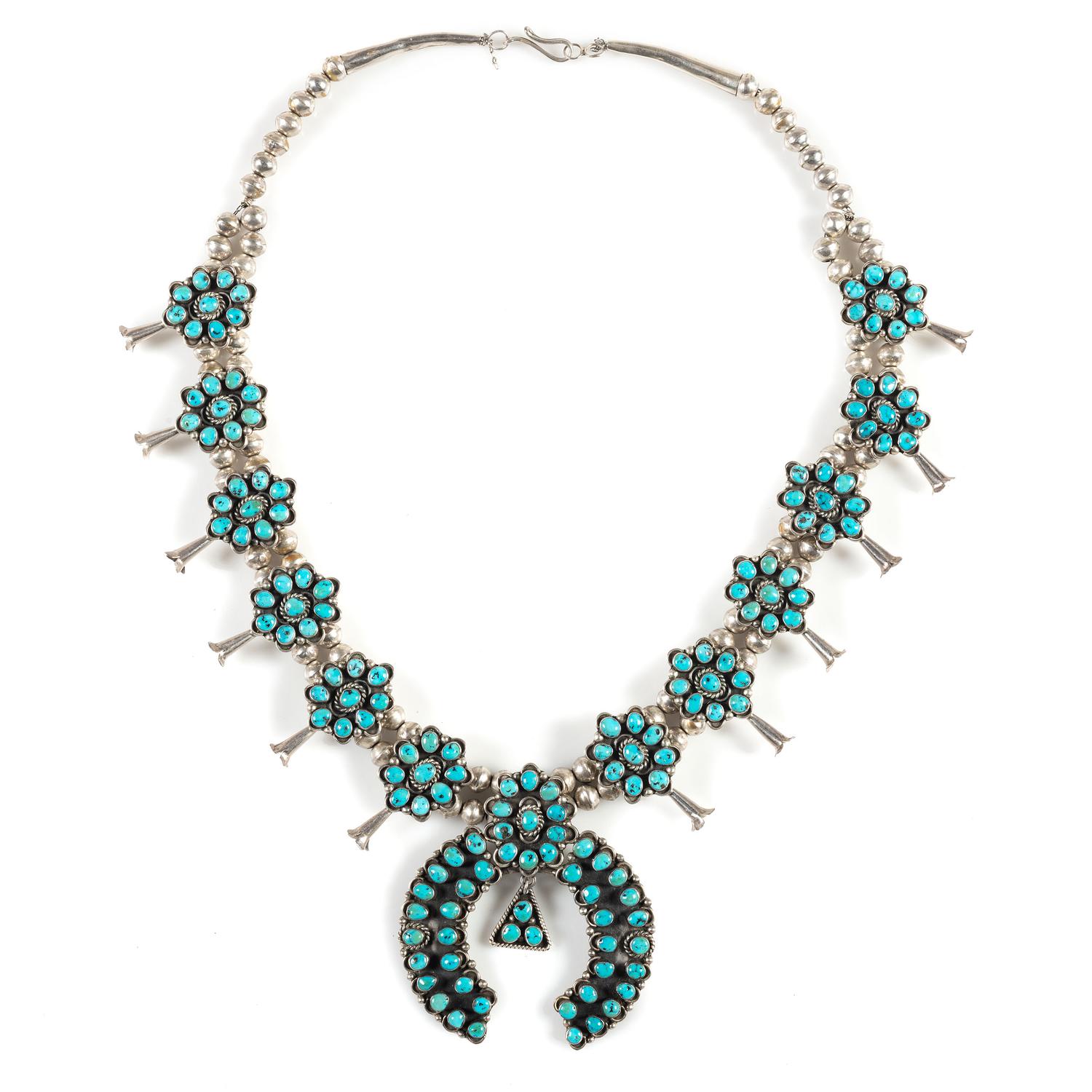 Navajo Silver and Turquoise Cluster Squash Blossom Necklace