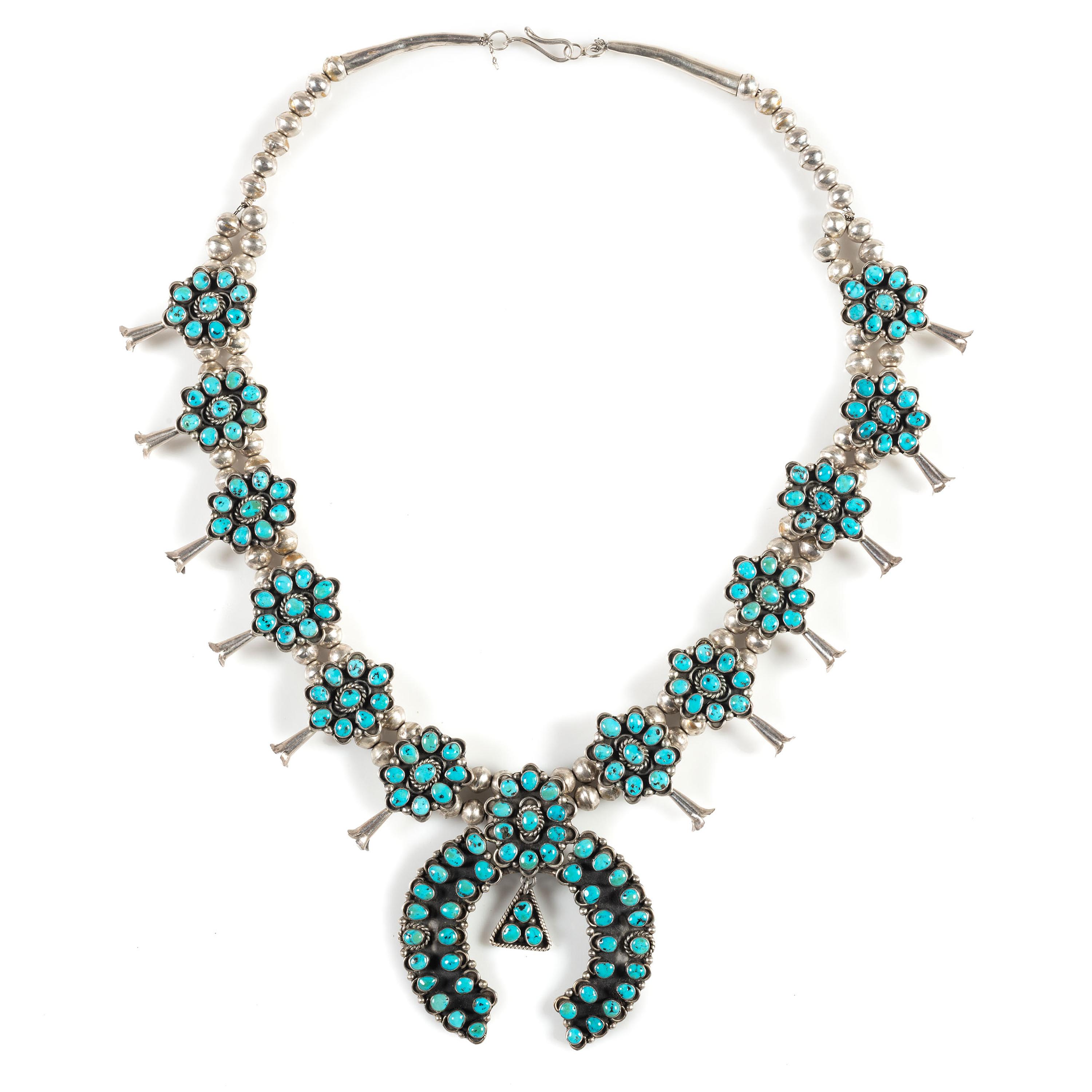 Navajo Silver and Turquoise Cluster Squash Blossom Necklace