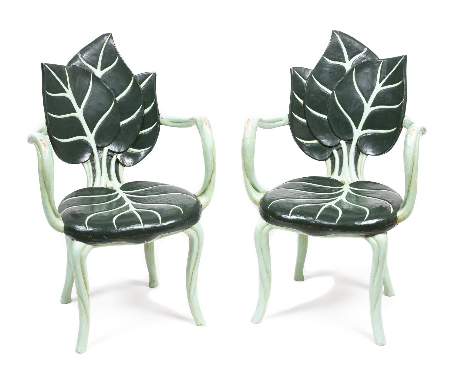 A Pair of Carved and Painted Arm Chairs Height 36 1/2 inches.