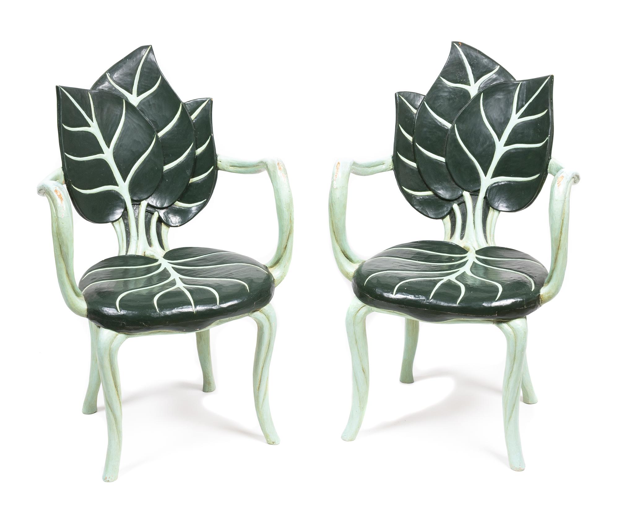 A Pair of Carved and Painted Arm Chairs Height 36 1/2 inches.