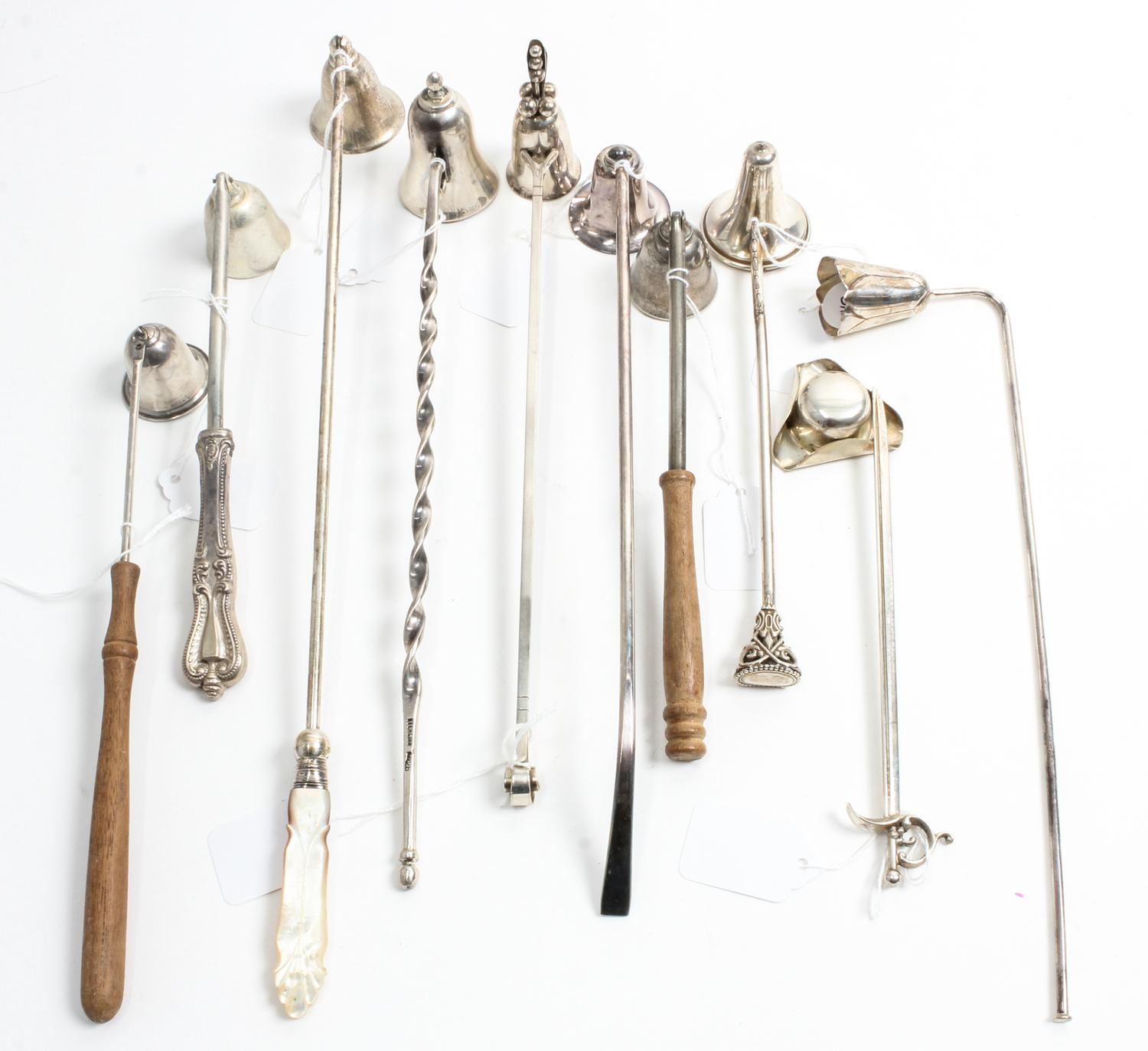 A Group of Ten Silver and Silver Plate Candle Snuffers, various makers, comprising American, Mexican and Danish examples.