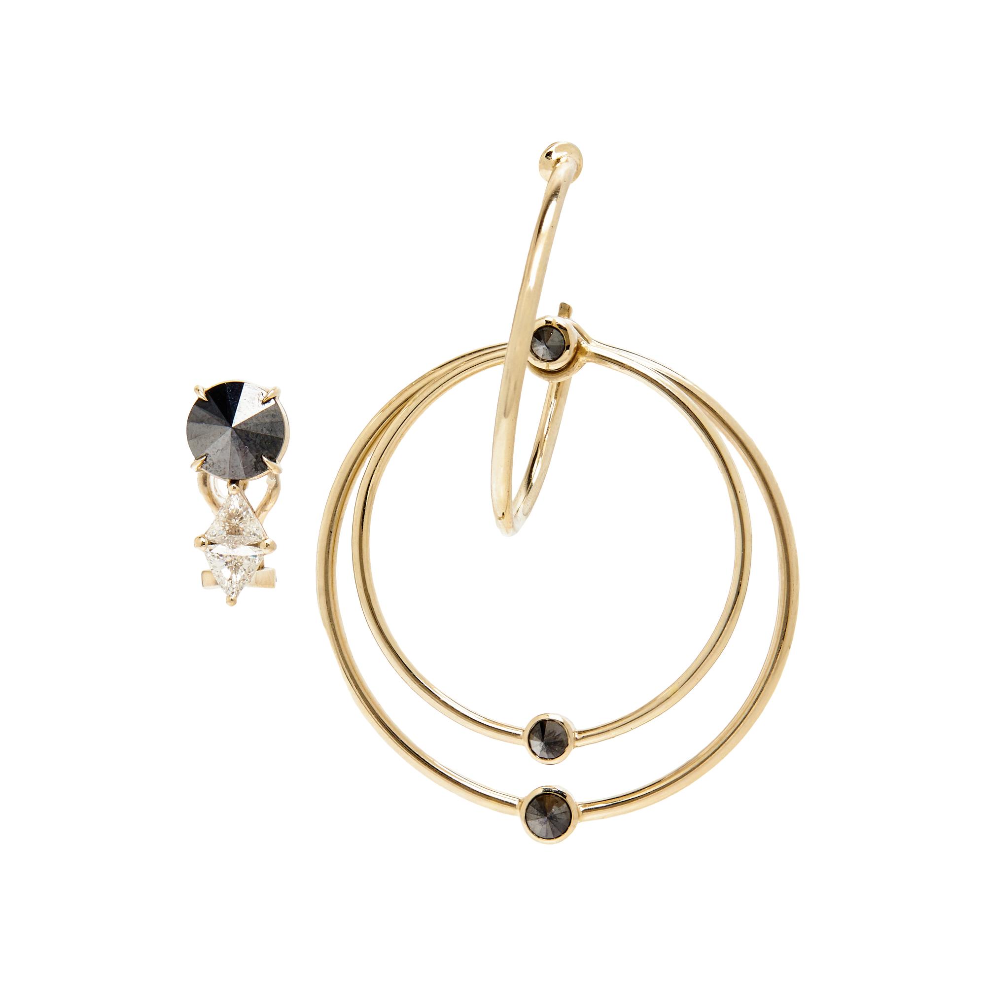YELLOW GOLD, DIAMOND, AND BLACK DIAMOND MISMATCHED EAR PENDANT AND STUD EARRING