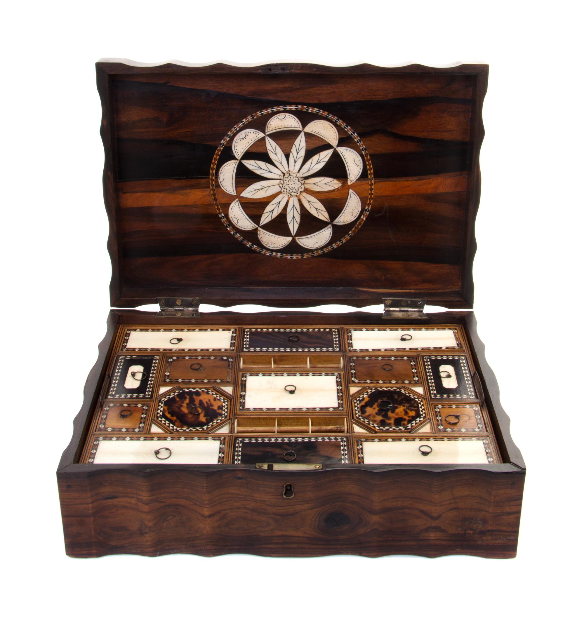 An Anglo-Ceylonese Ivory and Tortoise Shell Inlaid Rosewood Sewing Box Height 5 1/4 x width 15 3/4 x depth 10 3/4 inches. — CIRCA 1830