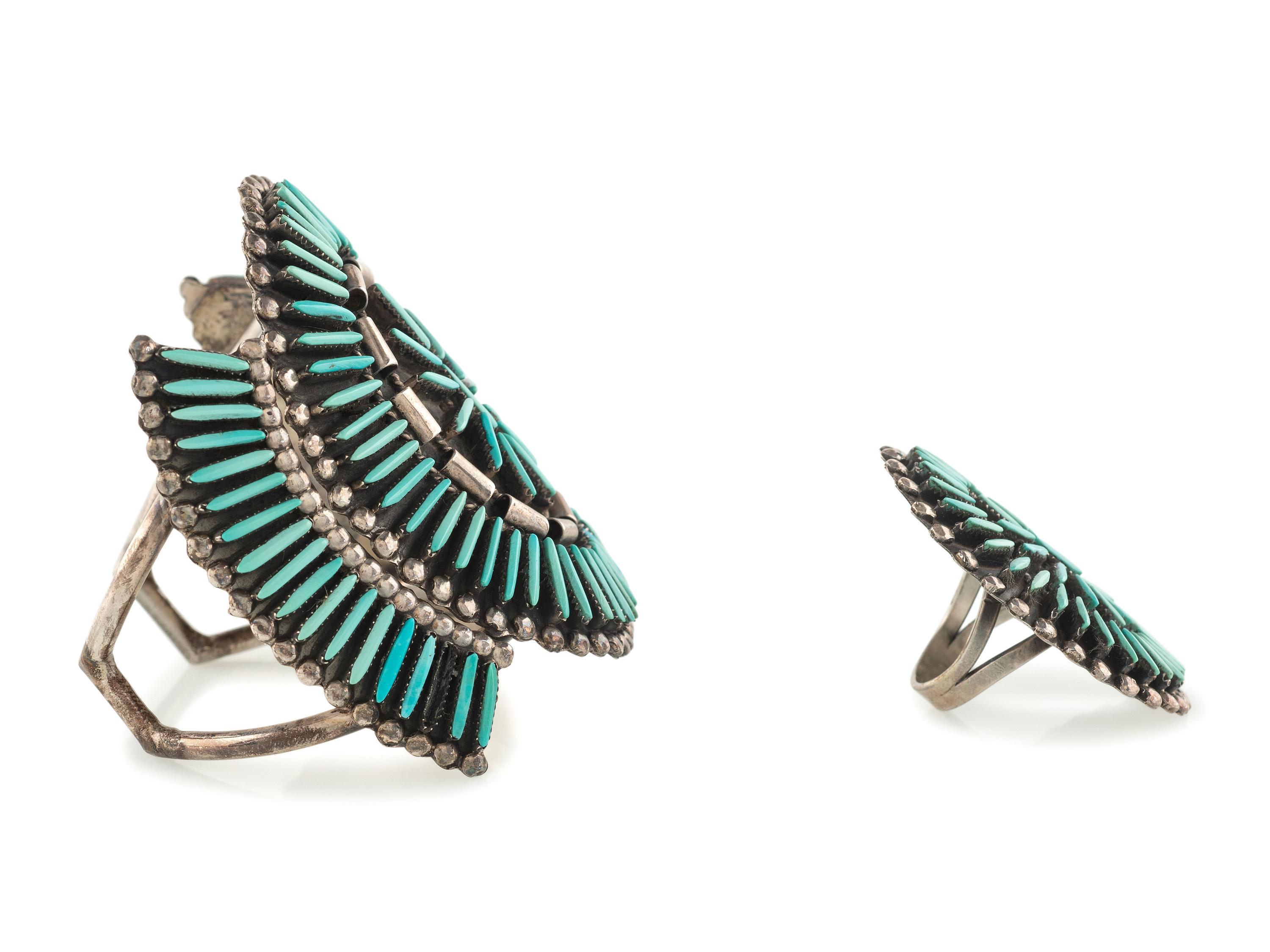 Silver and Needle Point Turquoise Cuff Bracelet AND Ring