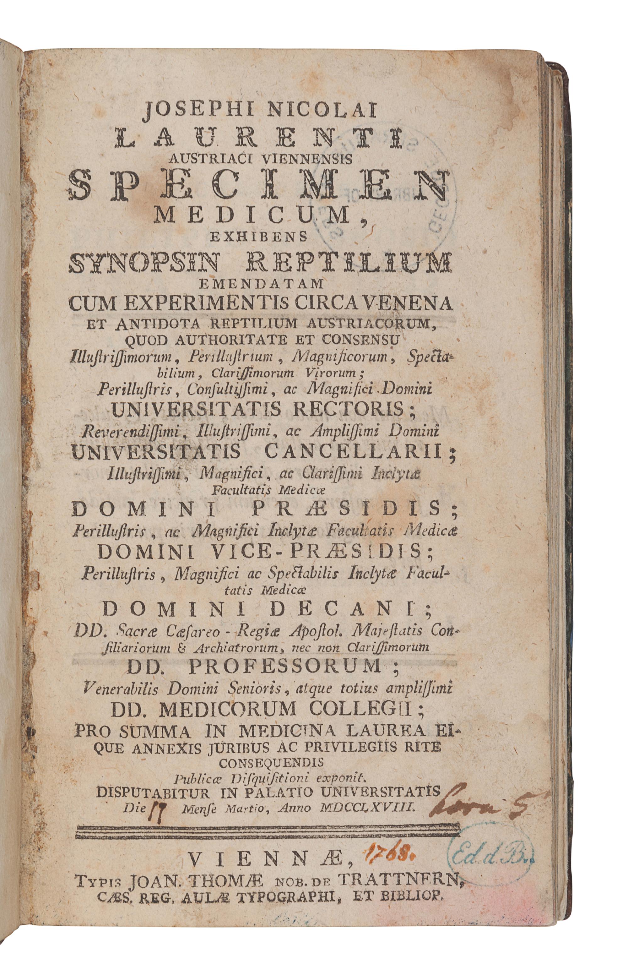 LAURENTI, Joseph Nicolai (1735-1805). Specimen Medicum, exhibens Synopsin Reptilium Emendatam cum Experimentis circa Venena et Antidota Reptilium Austriacorum . Vienna: Joan. Thomae, [1768].