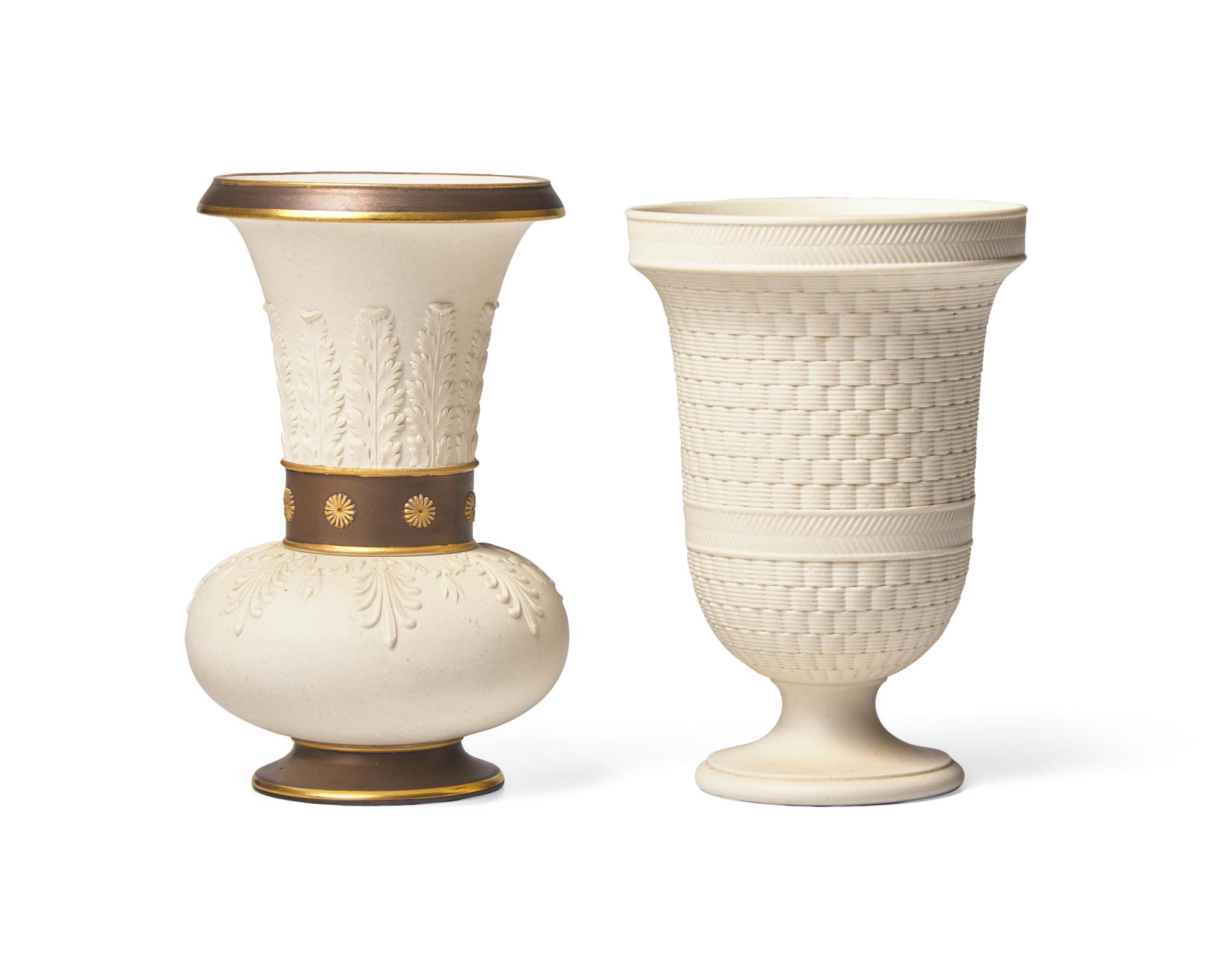 A Wedgwood Parcel-Gilt and Bronzed Vase and a White Stoneware Bulb Pot