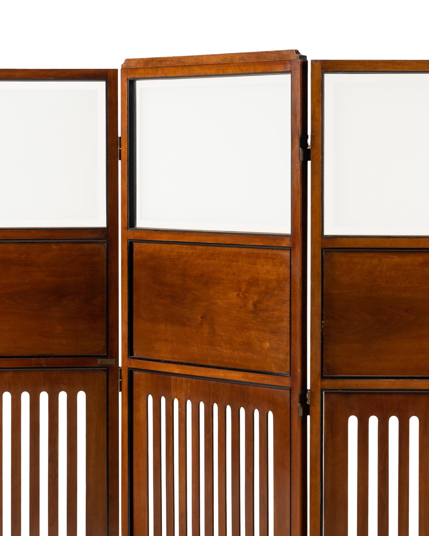 A Vienna Secession Mahogany and Frosted Glass Three-Panel Floor Screen