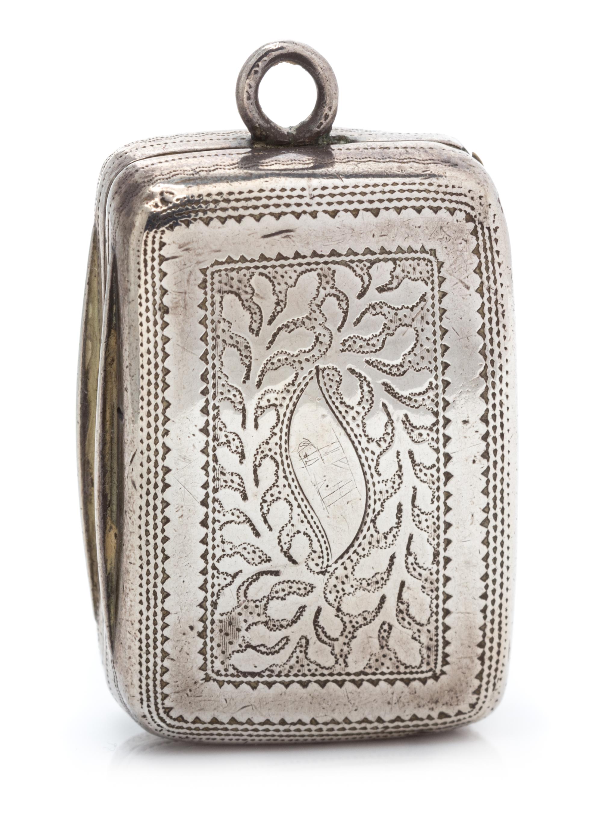 A George III Silver Vinaigrette, Joseph Taylor, Birmingham, 1814, the lid having foliate decoration and centered by a monogrammed carto