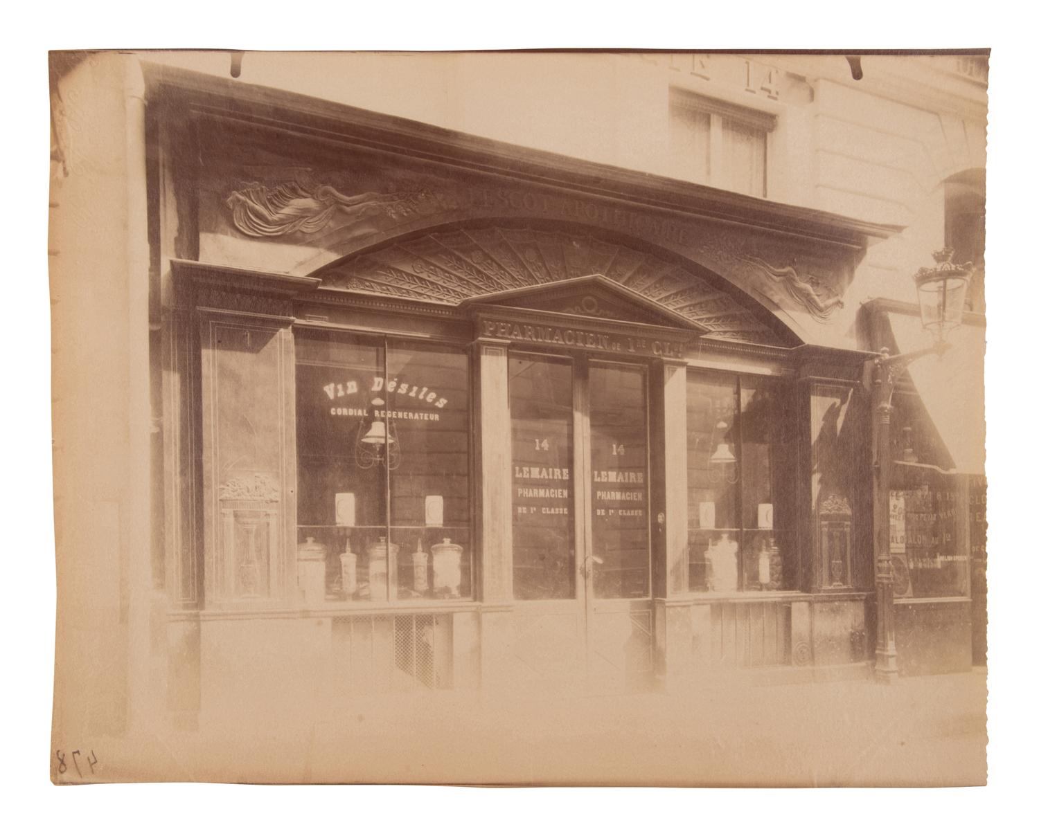 A group of four photographs ( Untitled [man at fountain], circa 1900s; Boutique empire, 14 rue de Grammont , 1903-1904; Hôtel de Neuville, rue Alphonse de Neuville, 1905-1906; Fontaine, faubourg Saint-Martin, 1912)