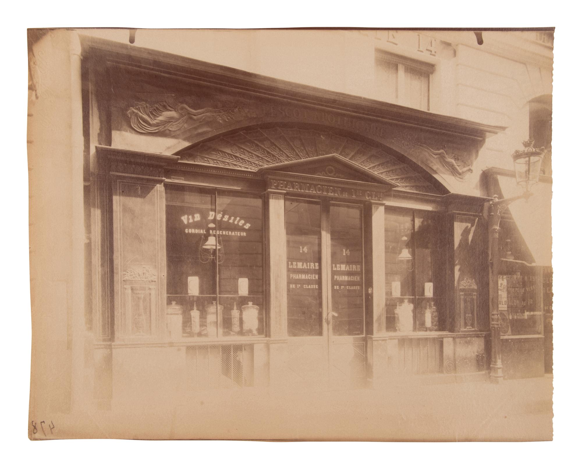A group of four photographs ( Untitled [man at fountain], circa 1900s; Boutique empire, 14 rue de Grammont , 1903-1904; Hôtel de Neuville, rue Alphonse de Neuville, 1905-1906; Fontaine, faubourg Saint-Martin, 1912)