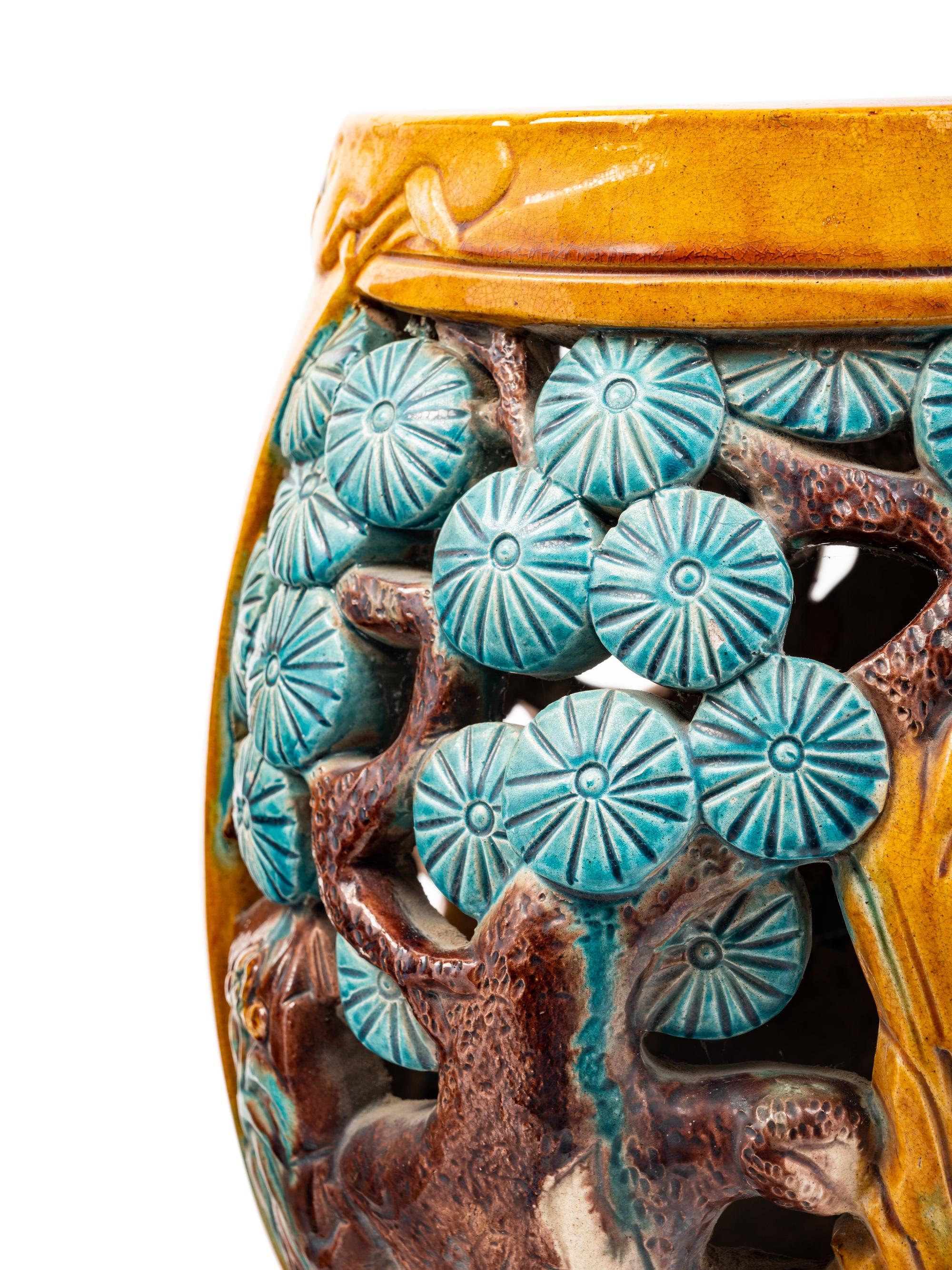 A Pair of Chinese Yellow, Turquoise and Purple Glazed Porcelain Garden Seats