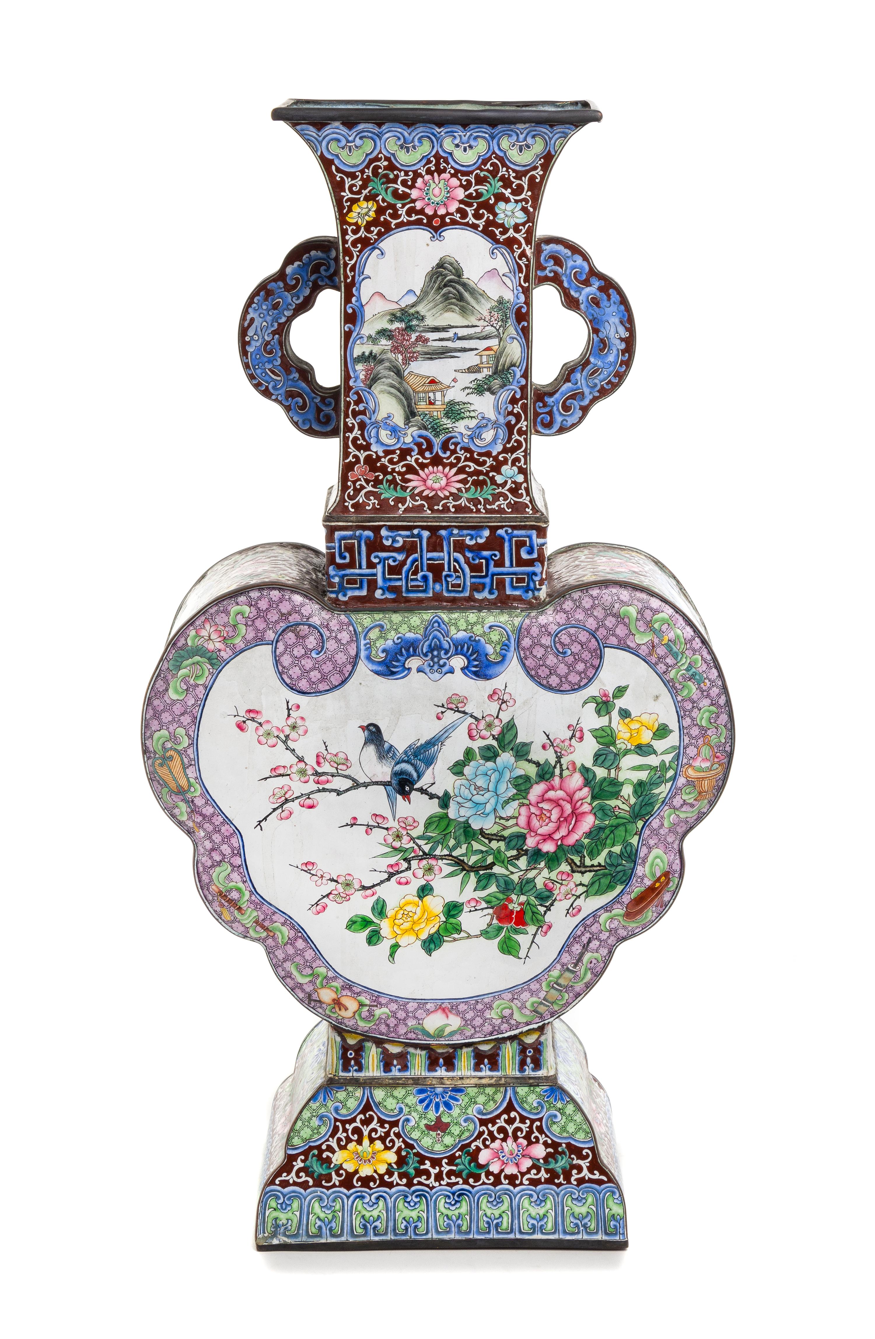 A Chinese Canton Enamel on Copper Vase Height 20 inches. — 19TH CENTURY
