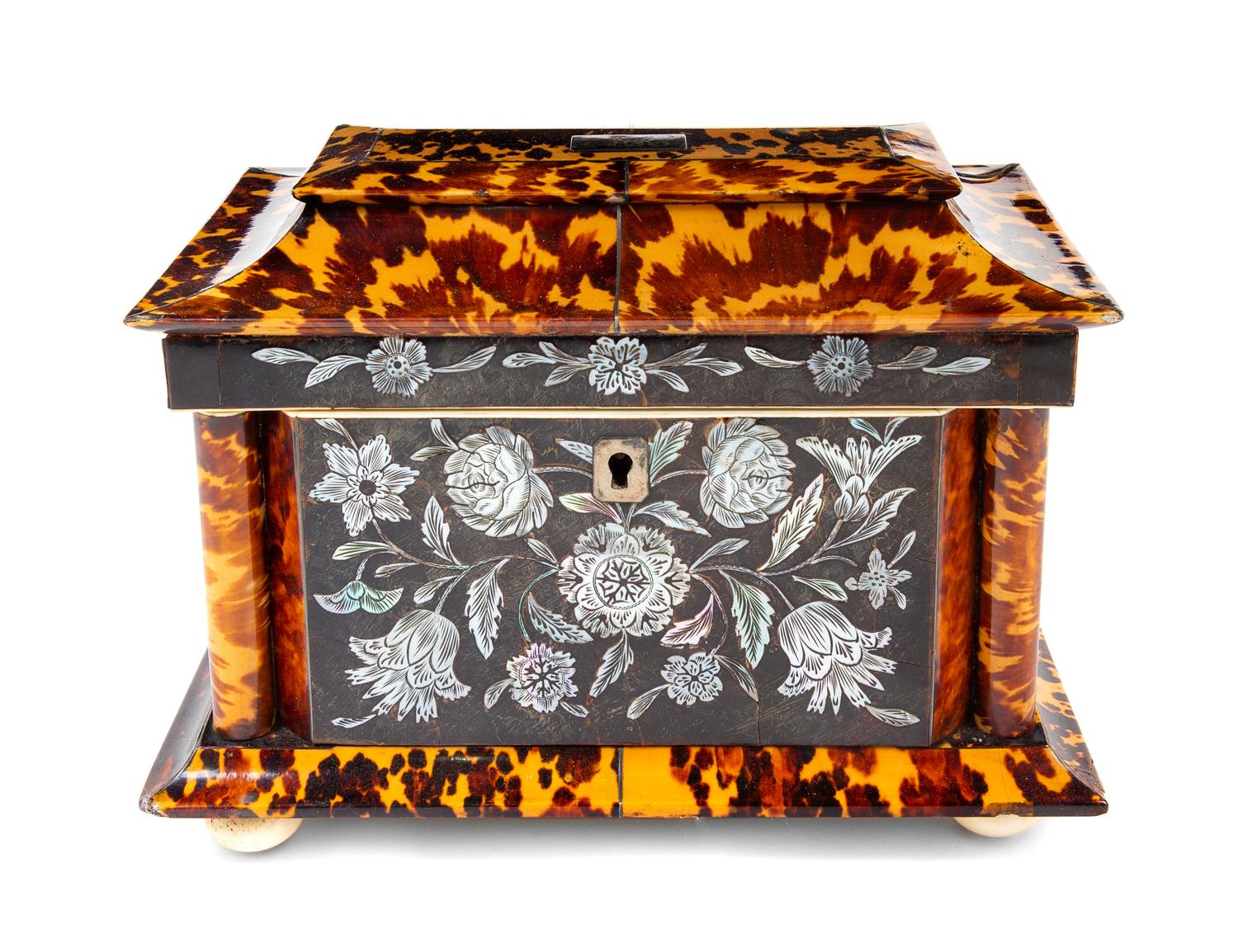 A Victorian Silver Inlaid Tortoise Shell Tea Caddy Height 6 x width 8 1/4 x depth 4 3/4 inches. — 19TH CENTURY