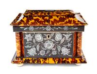 A Victorian Silver Inlaid Tortoise Shell Tea Caddy Height 6 x width 8 1/4 x depth 4 3/4 inches. — 19TH CENTURY