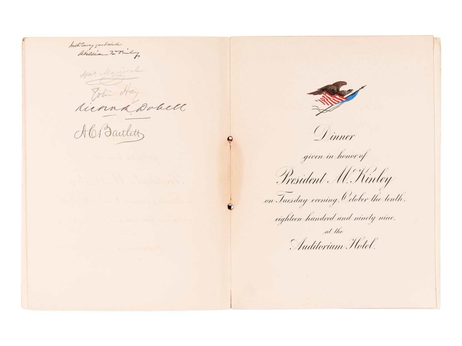 McKINLEY, WILIAM (1843-1901). Signed menu from a dinner given in honor of President McKinley by the Commercial Club of Chicago on October 10, 1899, at the Auditorium Hotel. [10 October 1899].