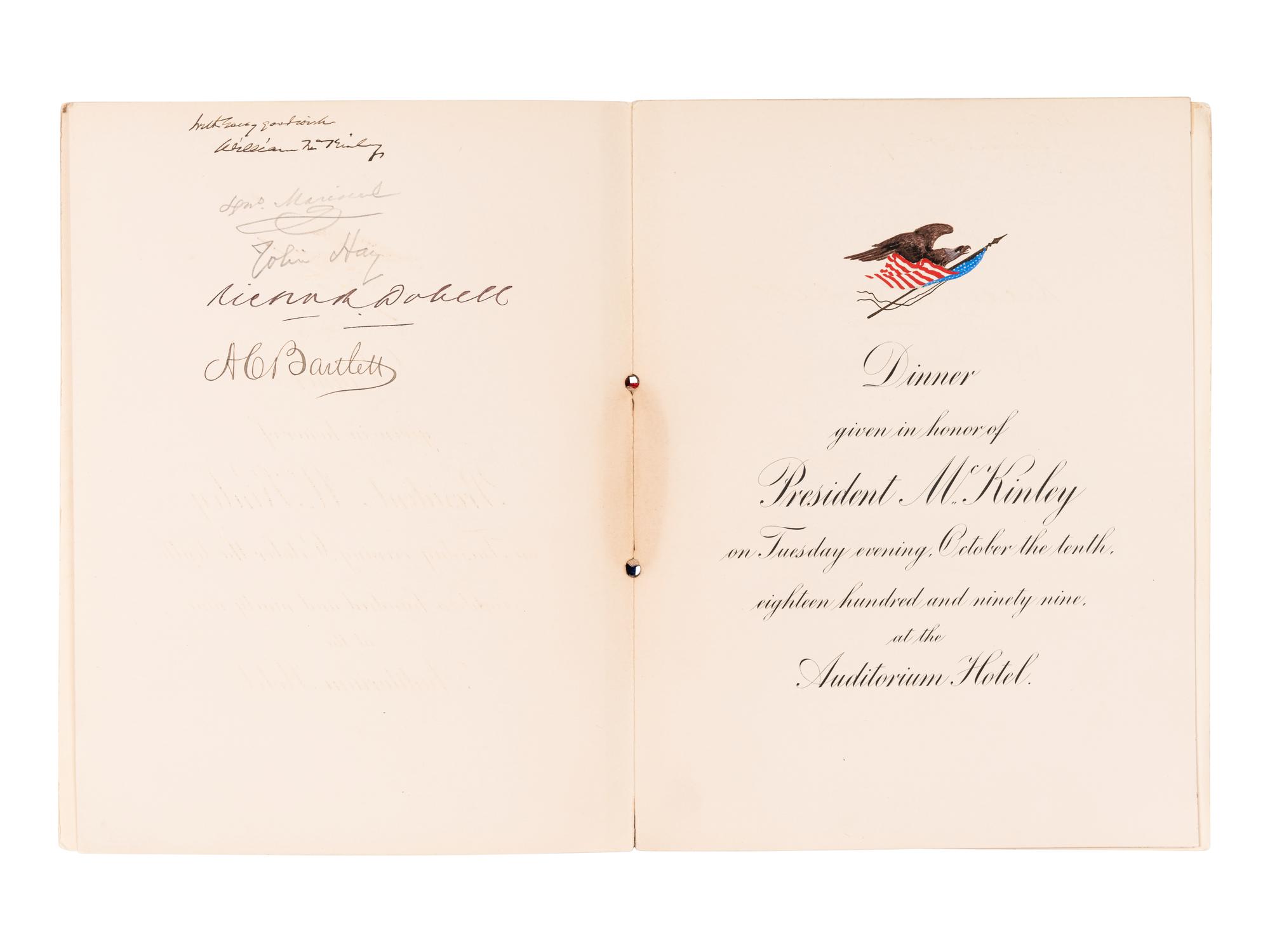 McKINLEY, WILIAM (1843-1901). Signed menu from a dinner given in honor of President McKinley by the Commercial Club of Chicago on October 10, 1899, at the Auditorium Hotel. [10 October 1899].