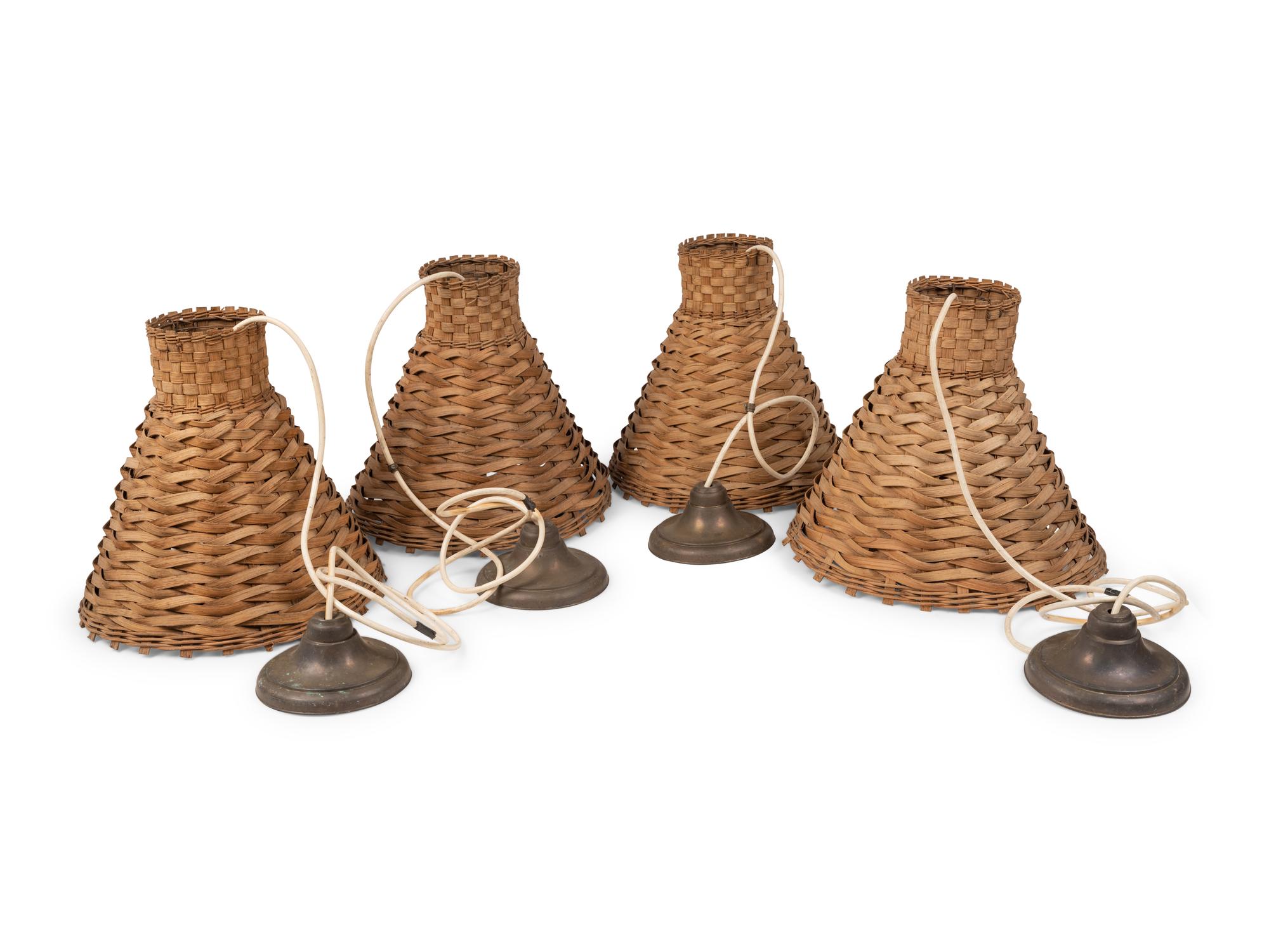 A Set of Four French Rattan Pendant Fixtures