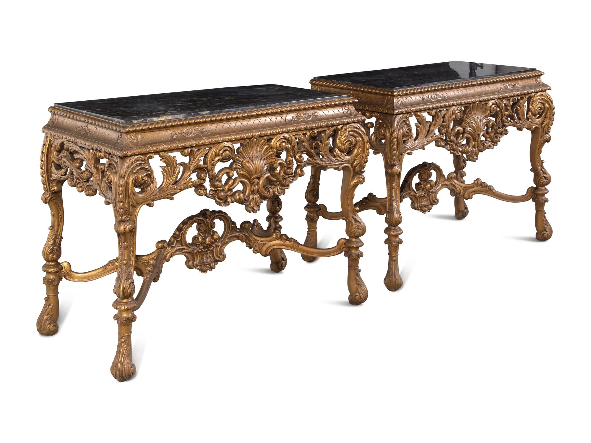 A Pair of Italian Baroque Style Giltwood Composition Marble-Top Console Tables