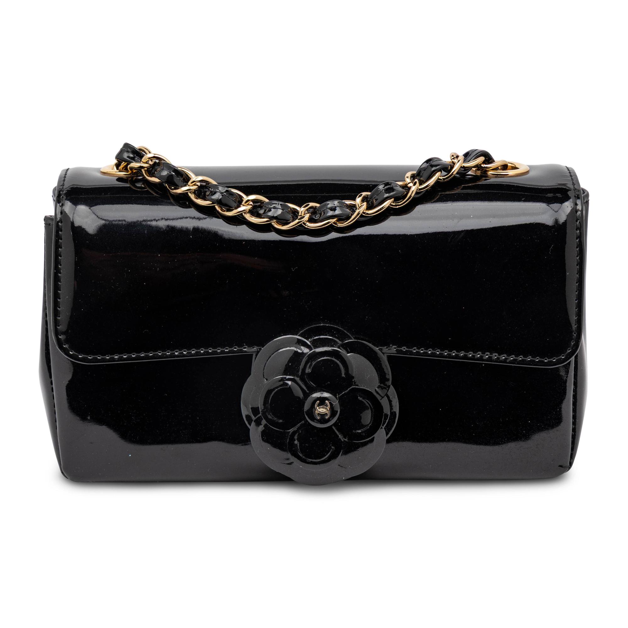 Chanel, Small Camellia Flap Bag in Black Patent Leather