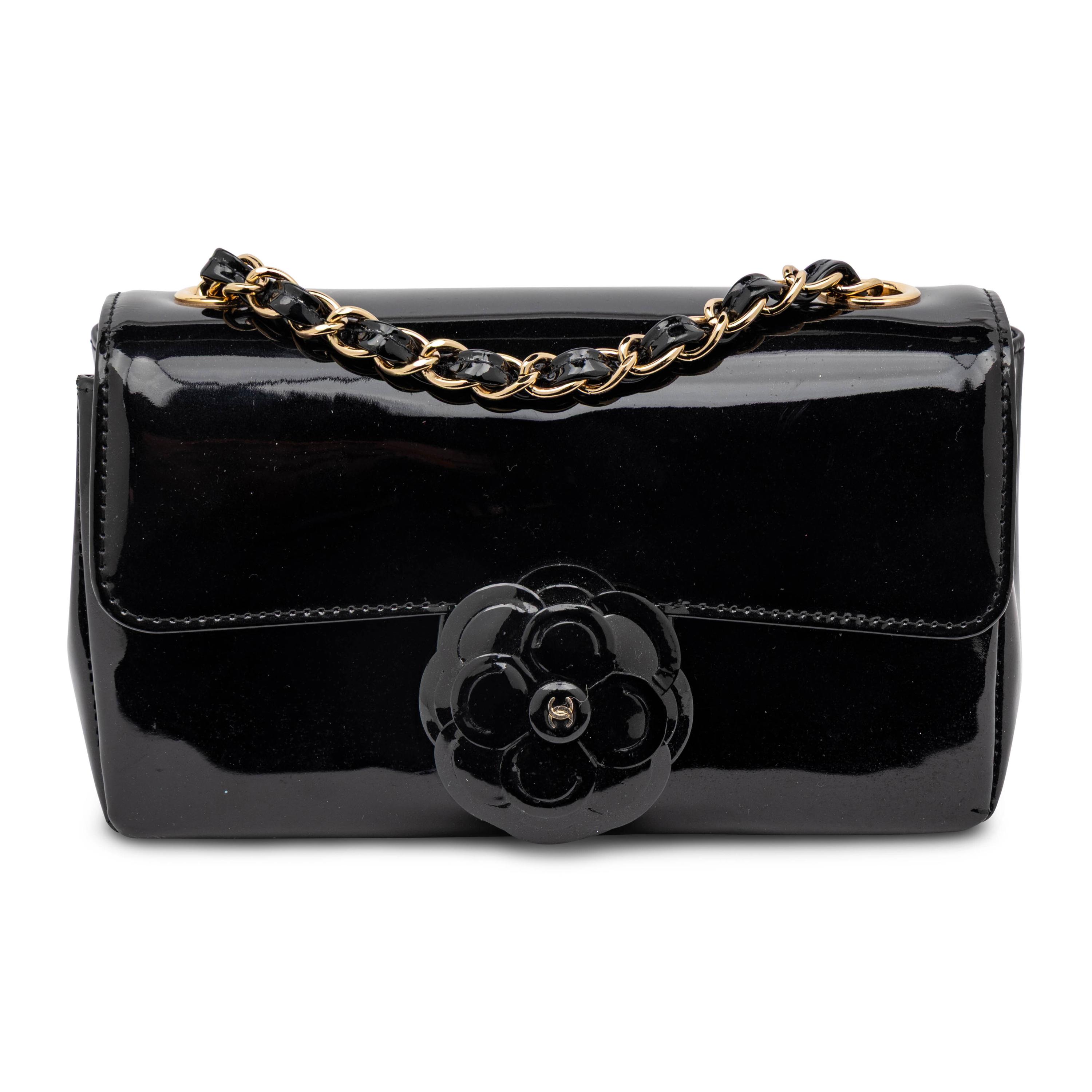 Chanel, Small Camellia Flap Bag in Black Patent Leather