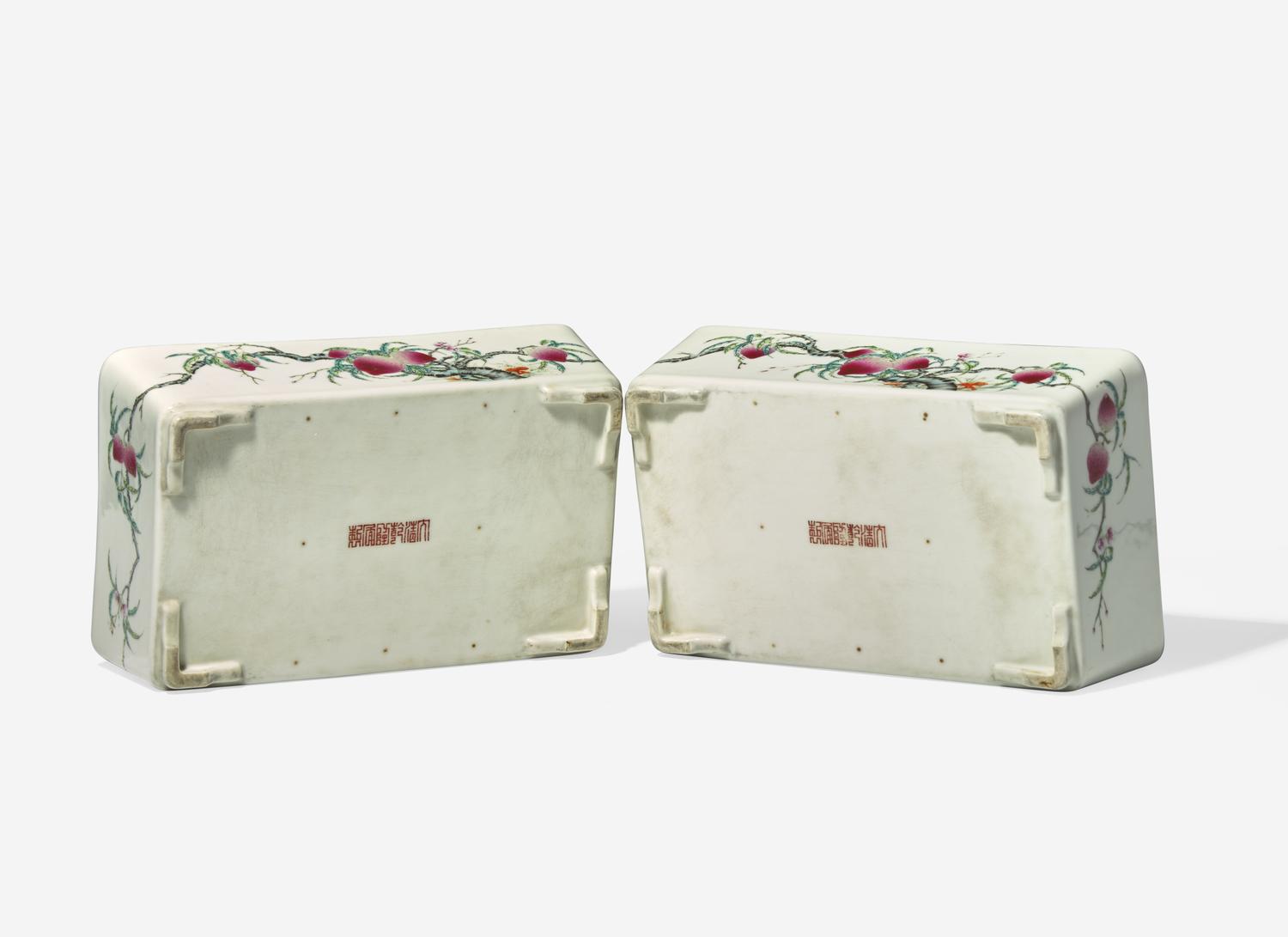 A Pair of Chinese Famille Rose Decorated 'Peaches' Rectangular Jardinieres
