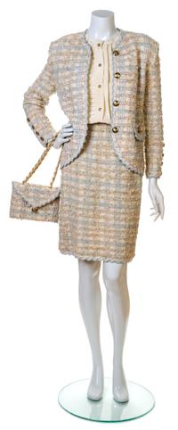 An Adolfo Baby Blue and Pink Boucle Skirt Ensemble, No size. Handbag: 8.25'' x 6.25''; Strap drop: 10''.
