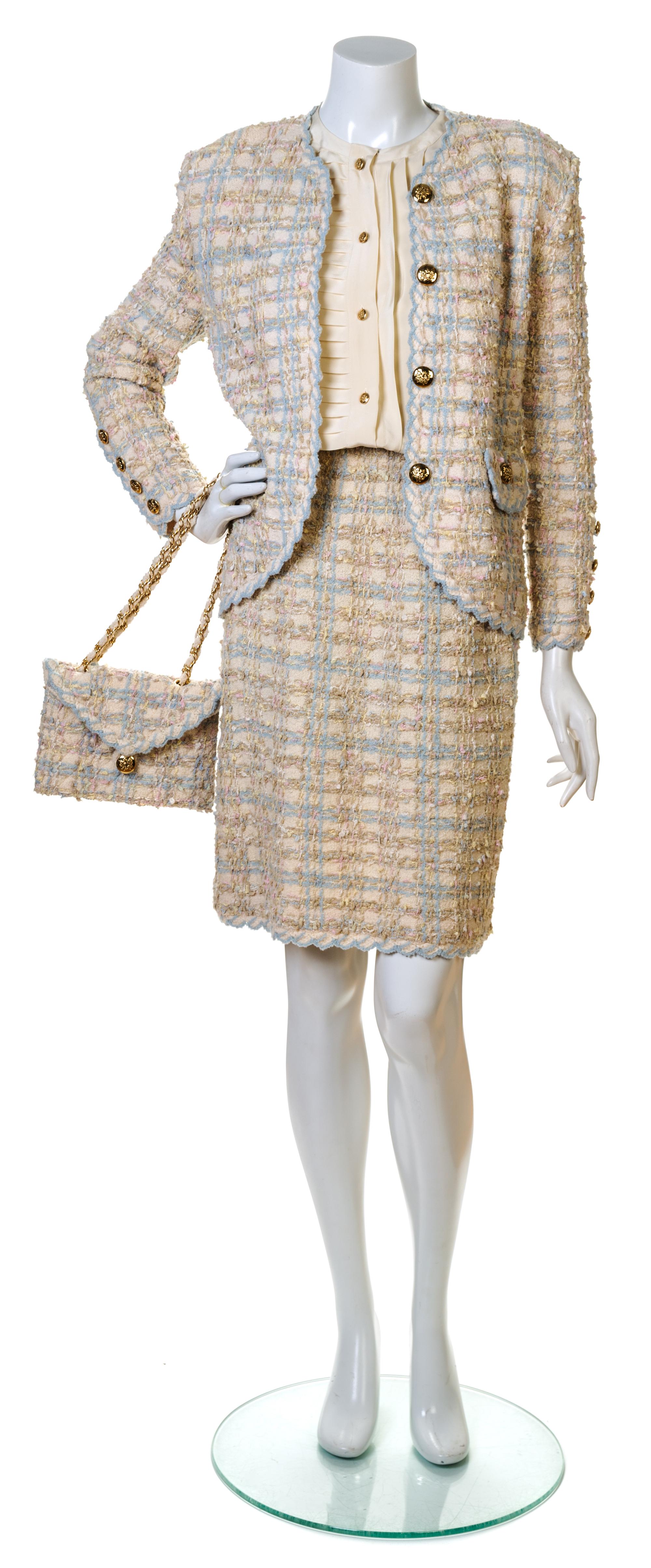 An Adolfo Baby Blue and Pink Boucle Skirt Ensemble, No size. Handbag: 8.25'' x 6.25''; Strap drop: 10''.
