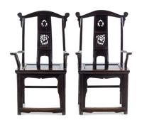 A Pair of Chinese Yoke-Back Hardwood Armchairs