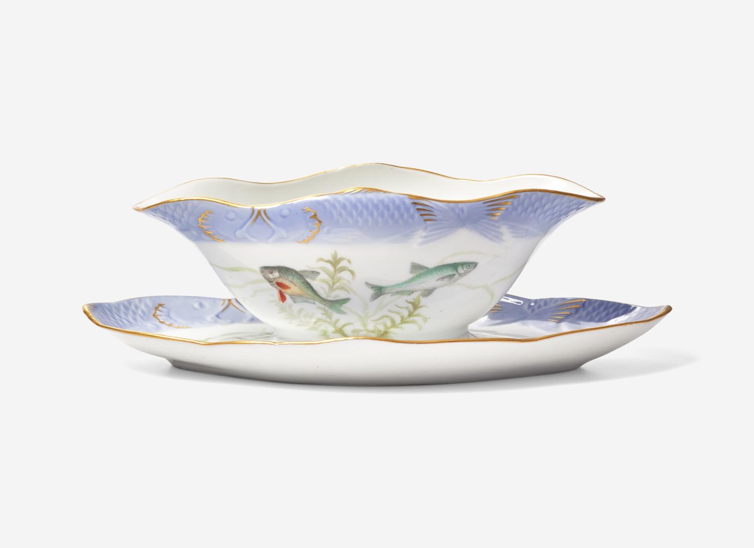 Twelve Royal Copenhagen Parcel Gilt Porcelain Ichthyological Plates and a Sauce Boat
