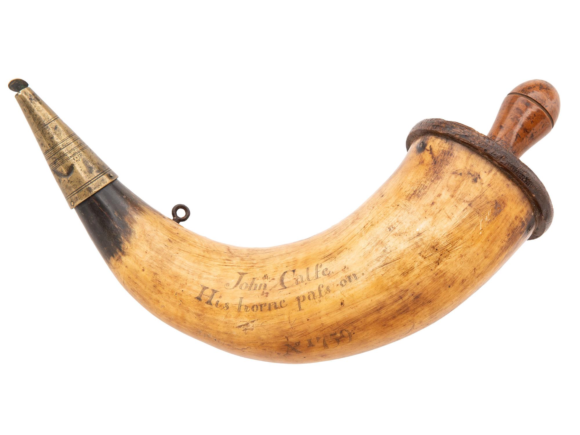 Carved Siege of Quebec Artillery Priming Horn of John Calfe Dated 1759