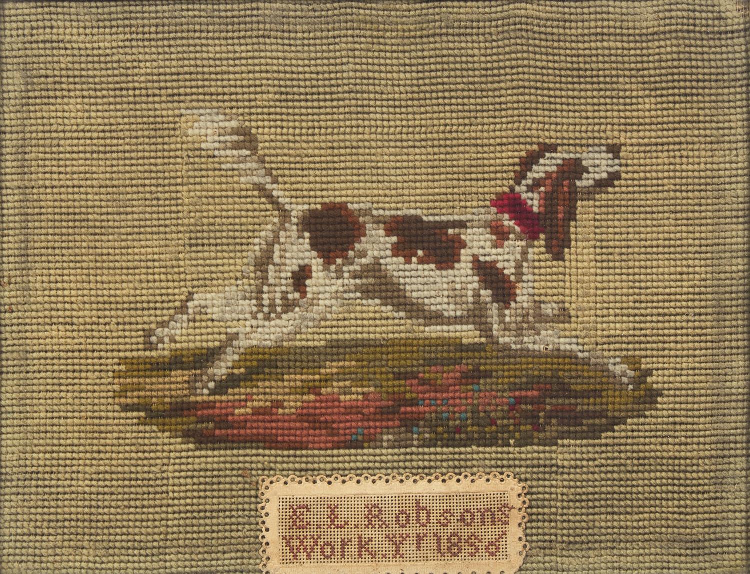 A Needlework Sampler and a Needlepoint Picture of a Hound
