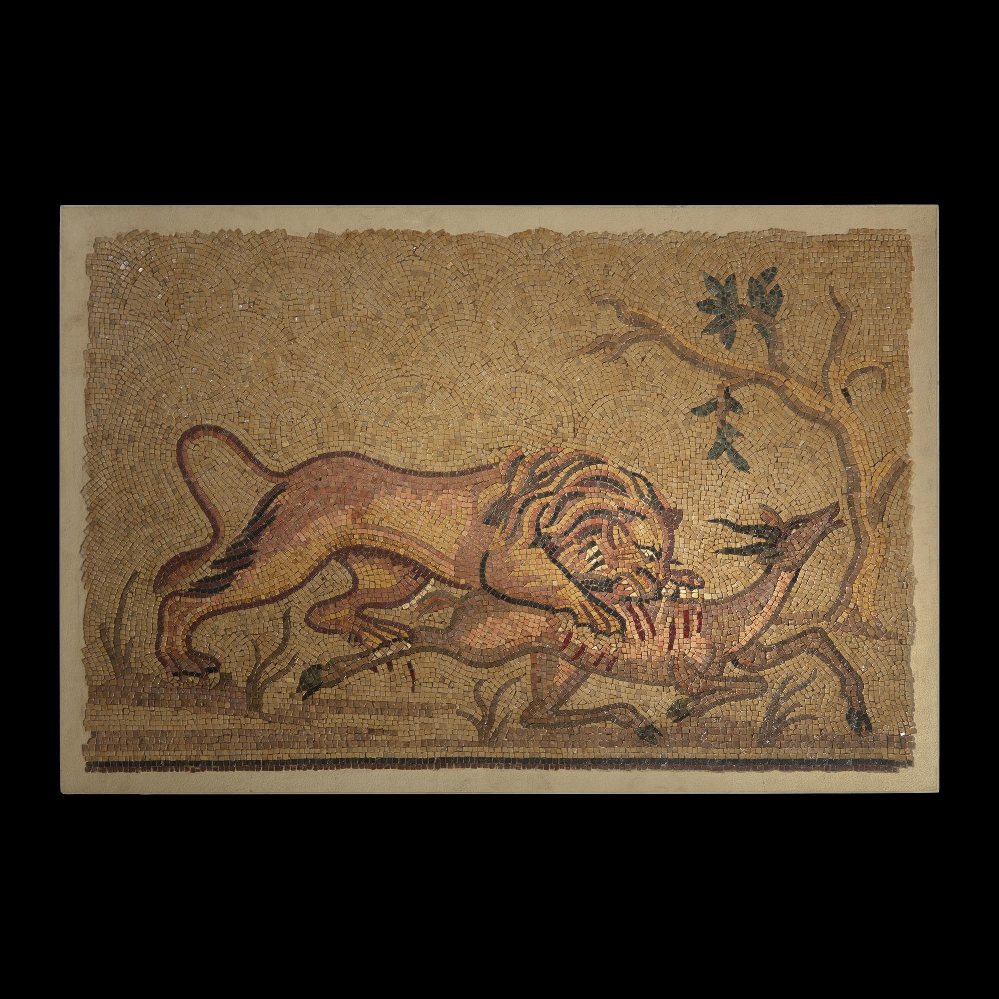 A Roman Style Stone Mosaic Panel with a Lion Hunting Prey