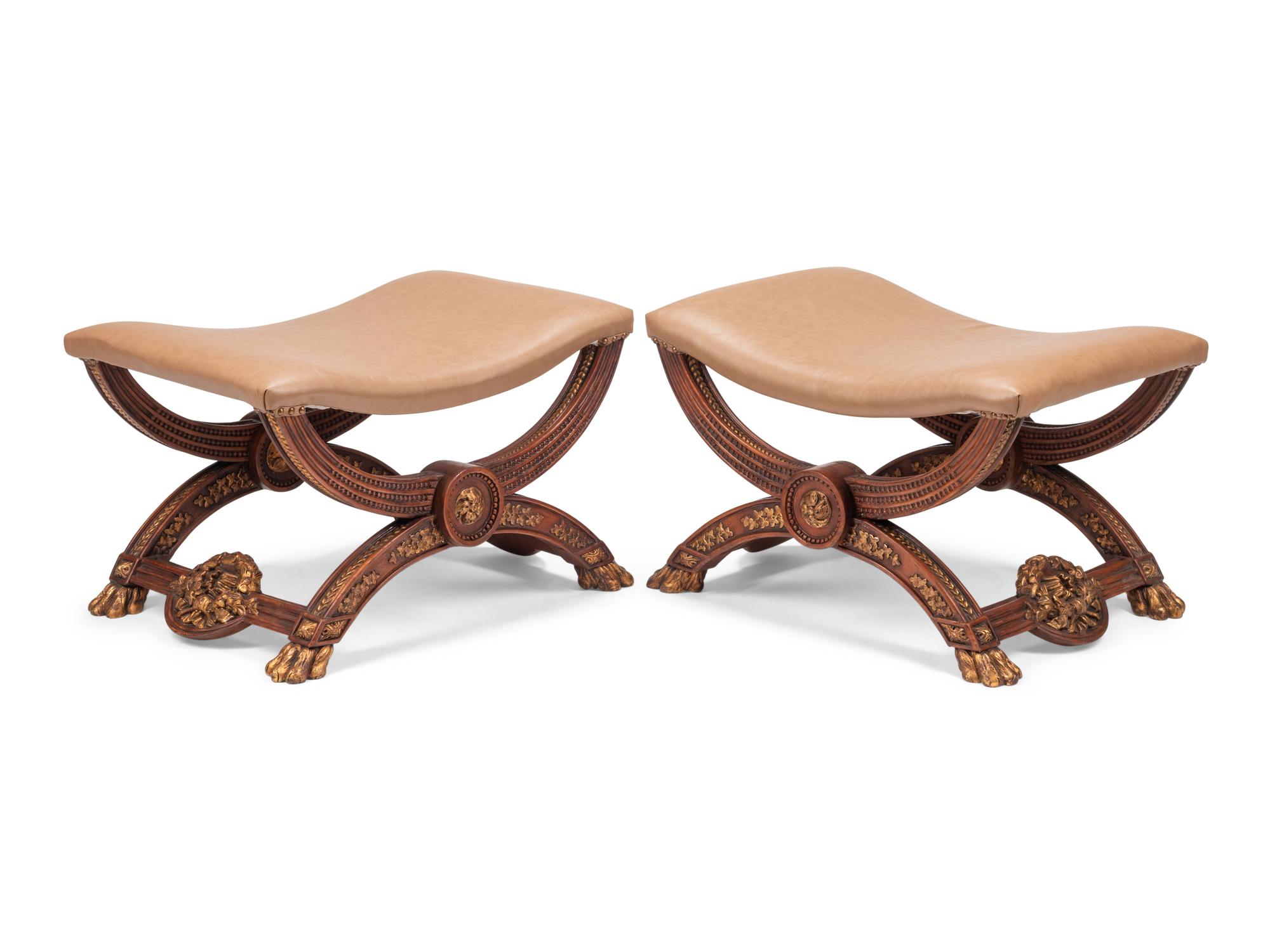 A Pair of Continental Parcel Gilt Walnut Curule Stools