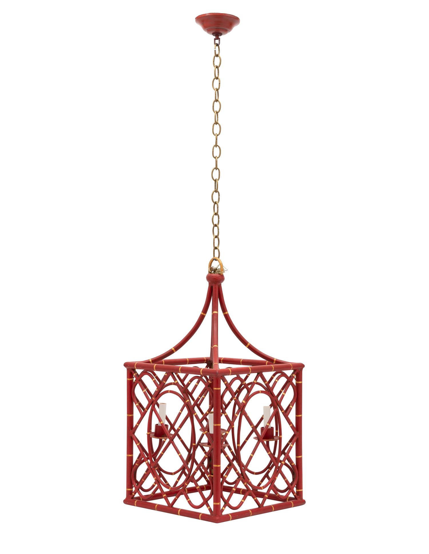 A Red-Painted and Parcel-Gilt Faux Bamboo Four-Light Lantern