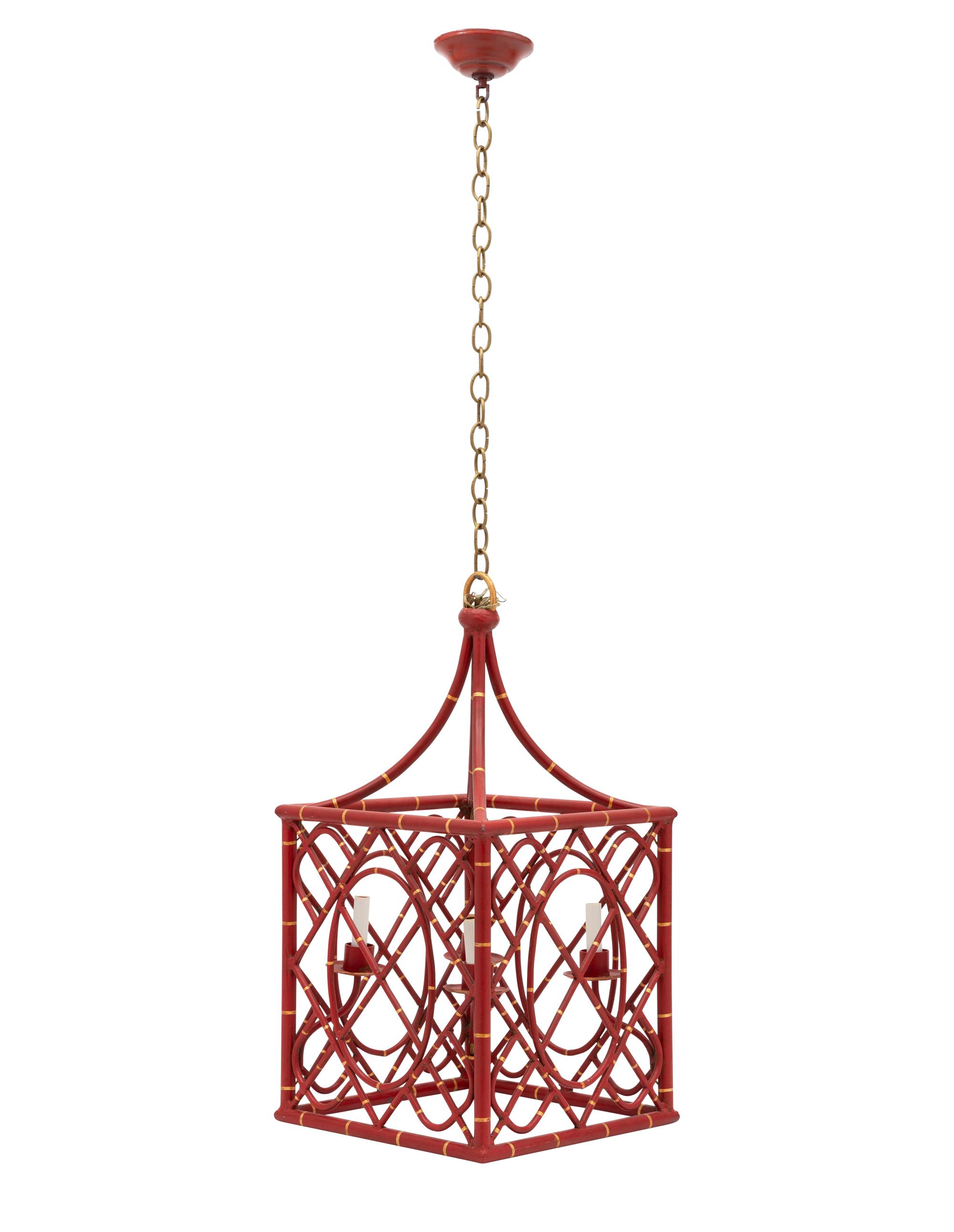 A Red-Painted and Parcel-Gilt Faux Bamboo Four-Light Lantern