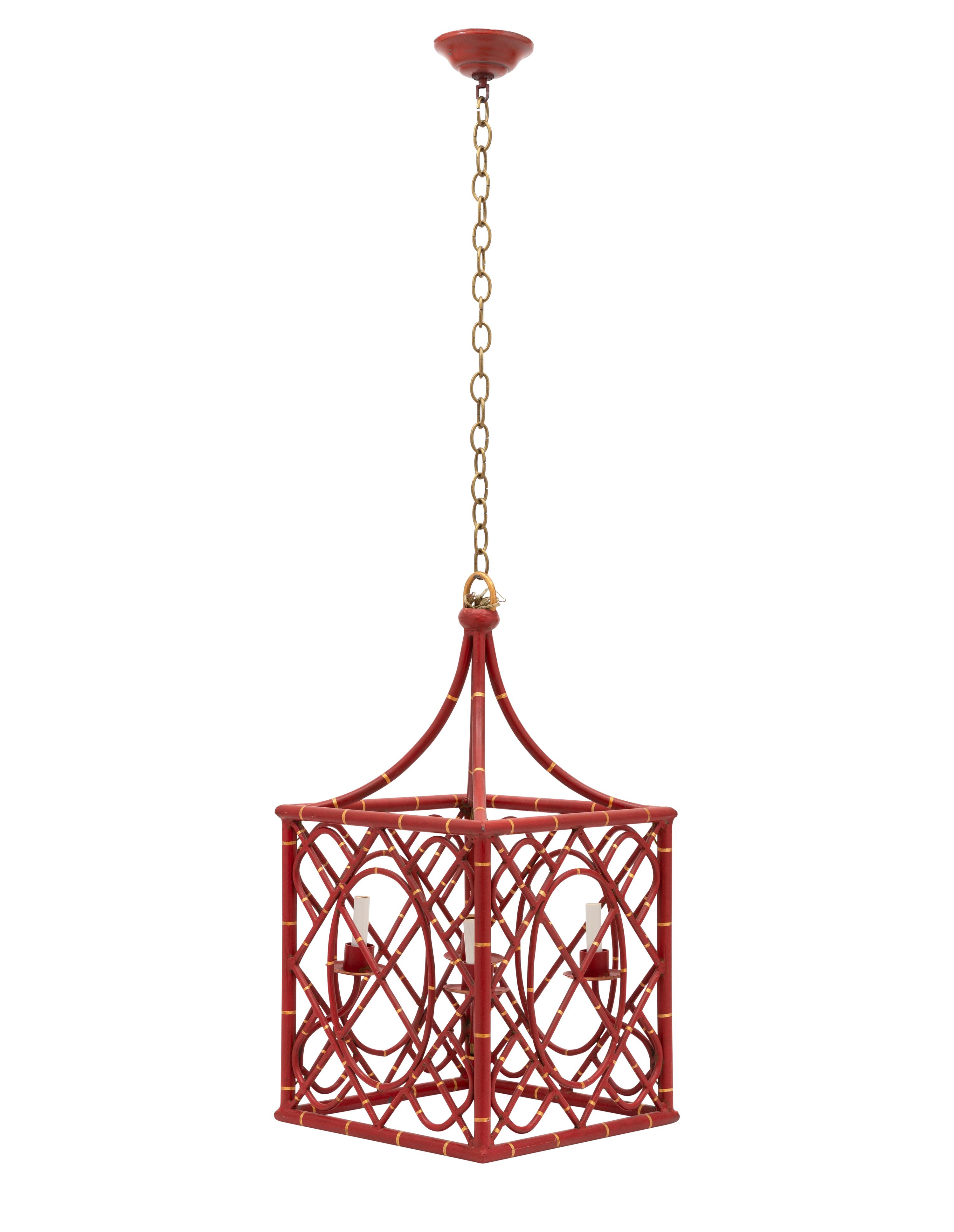 A Red-Painted and Parcel-Gilt Faux Bamboo Four-Light Lantern