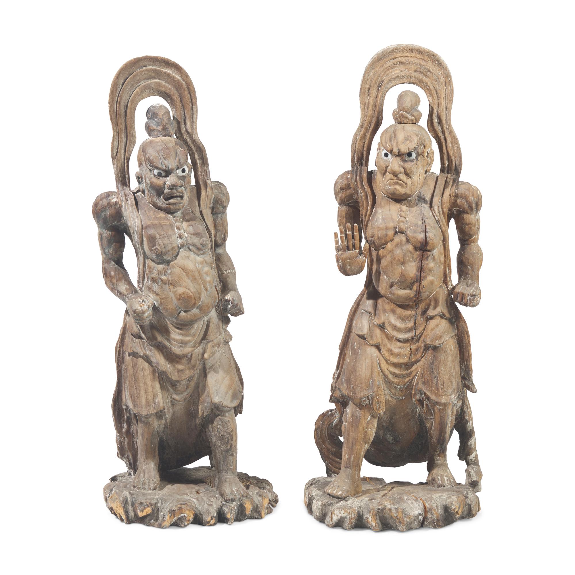 A Pair of Large Japanese Carved Wood Temple Guardians, 19th Century — 日本十九世紀 木雕天王像一對