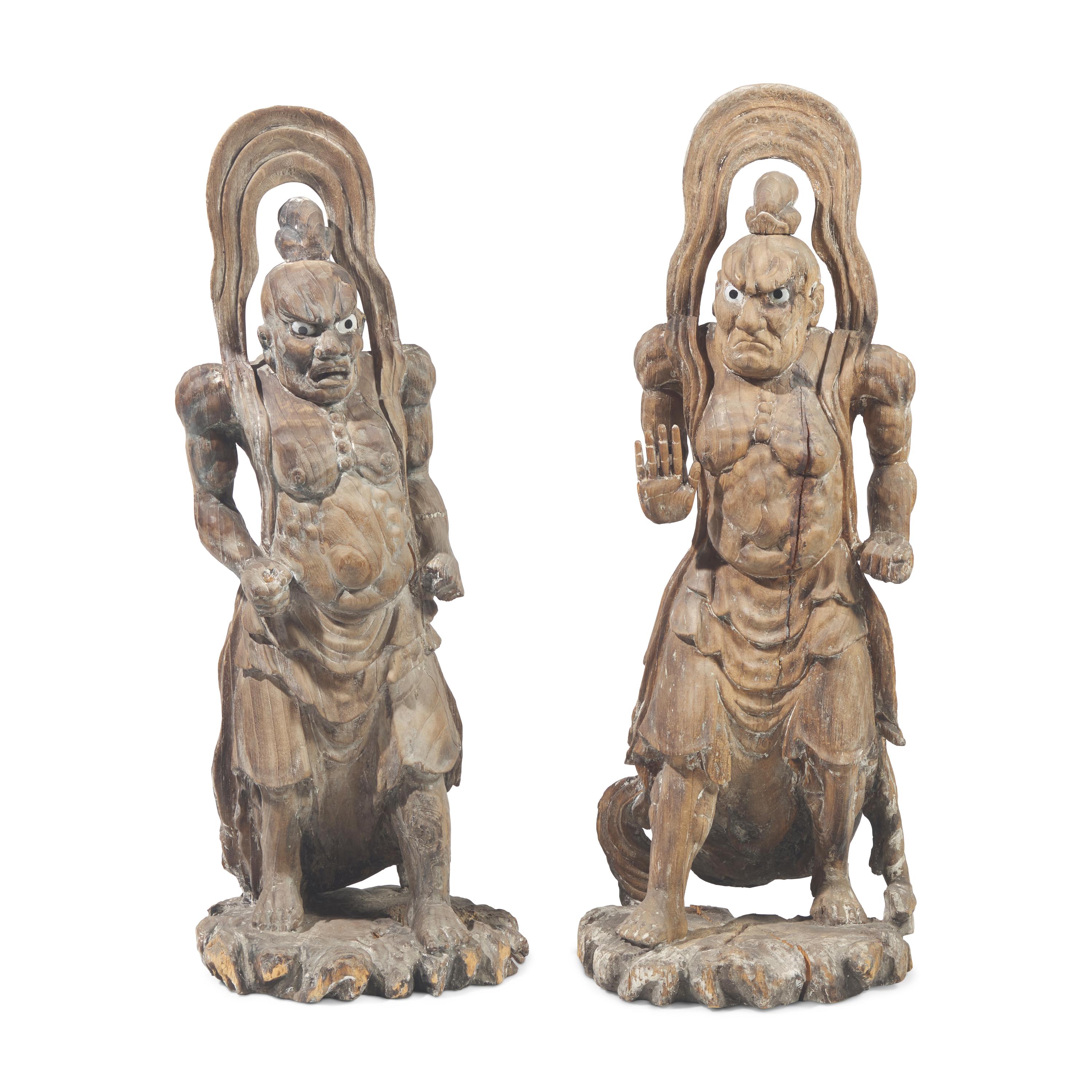 A Pair of Large Japanese Carved Wood Temple Guardians, 19th Century — 日本十九世紀 木雕天王像一對