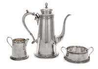 An American Silver Chocolate Set, Reed & Barton, Taunton, MA, 1939-1940, comprisng a chocolate pot, a milk pitcher and a sugar.