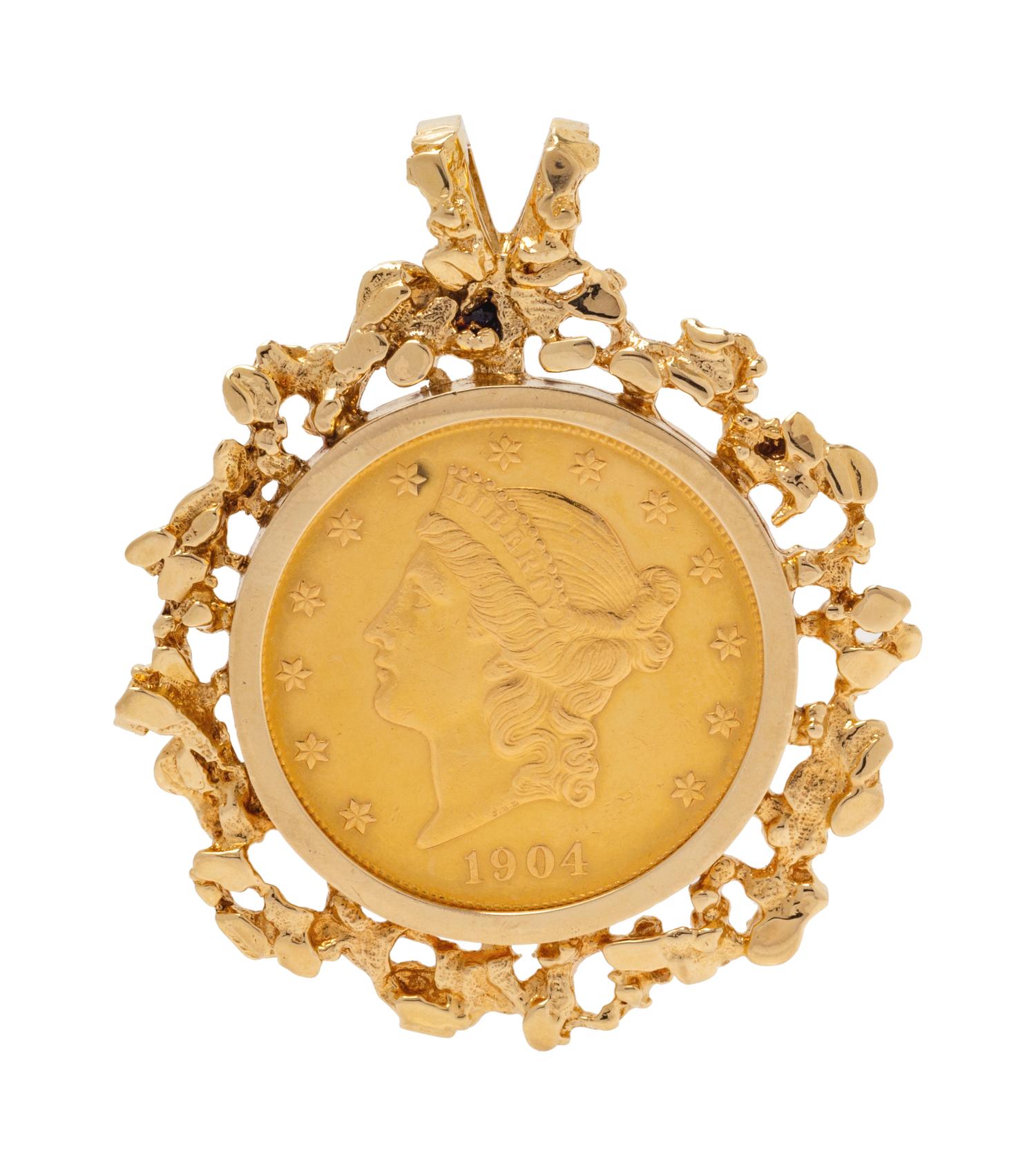 A 14 Karat Yellow Gold and US $20 Liberty Coin Pendant,